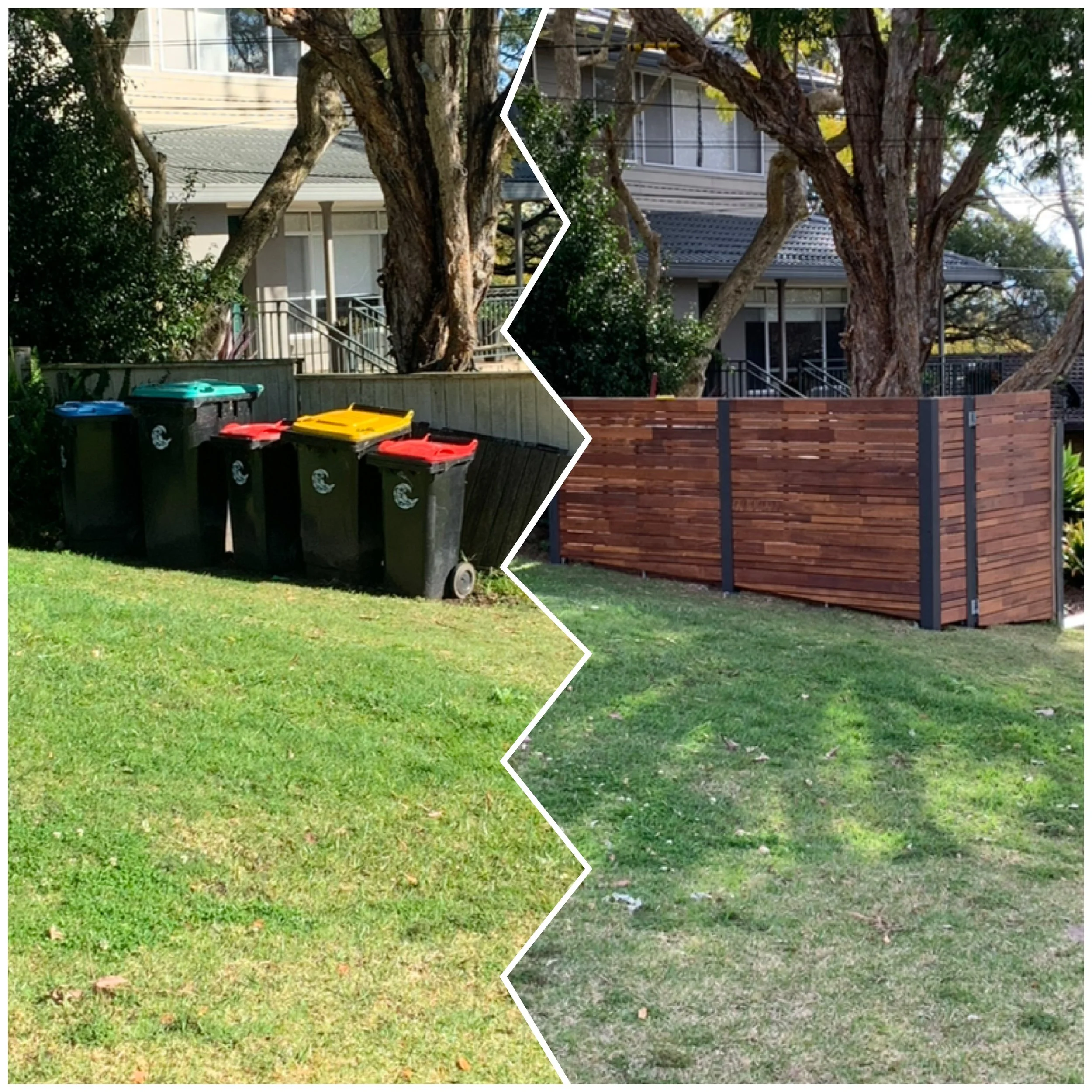 A collage showing two different fences in front of houses. The left side has a wooden fence with several wheelie trash cans next to it. The right side features a taller, modern wooden fence with horizontal slats, surrounding a yard with a large tree.