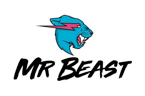 A logo featuring a blue panther's head with an open mouth, pink lightning bolt eye, and the text 'MR BEAST' in bold black letters below.