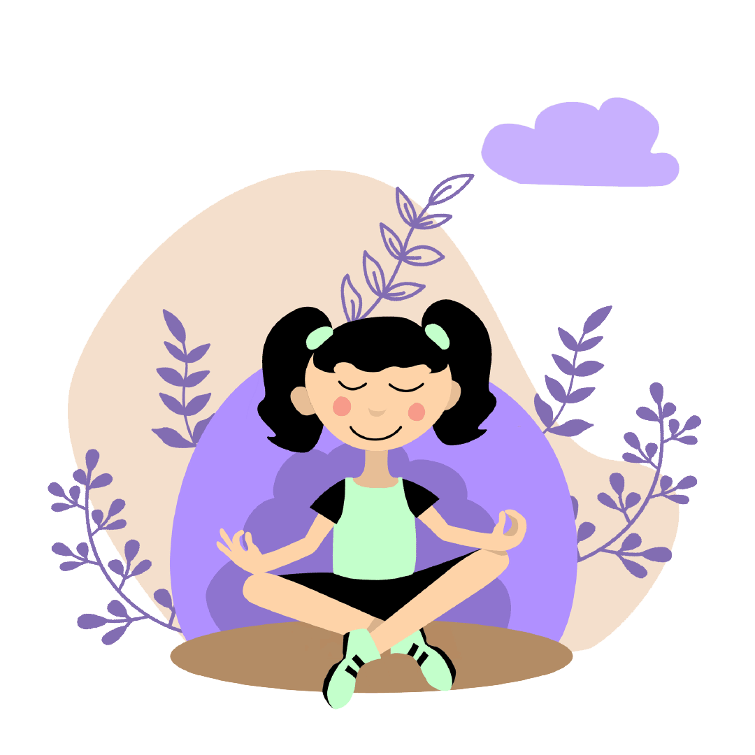 A girl sitting cross-legged in a yoga pose, smiling with eyes closed, surrounded by plants, with a purple cloud in the background.