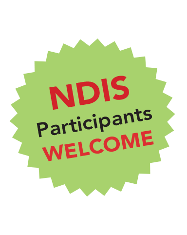Green badge with jagged edges that reads 'NDIS Participants Welcome' in red and black text.