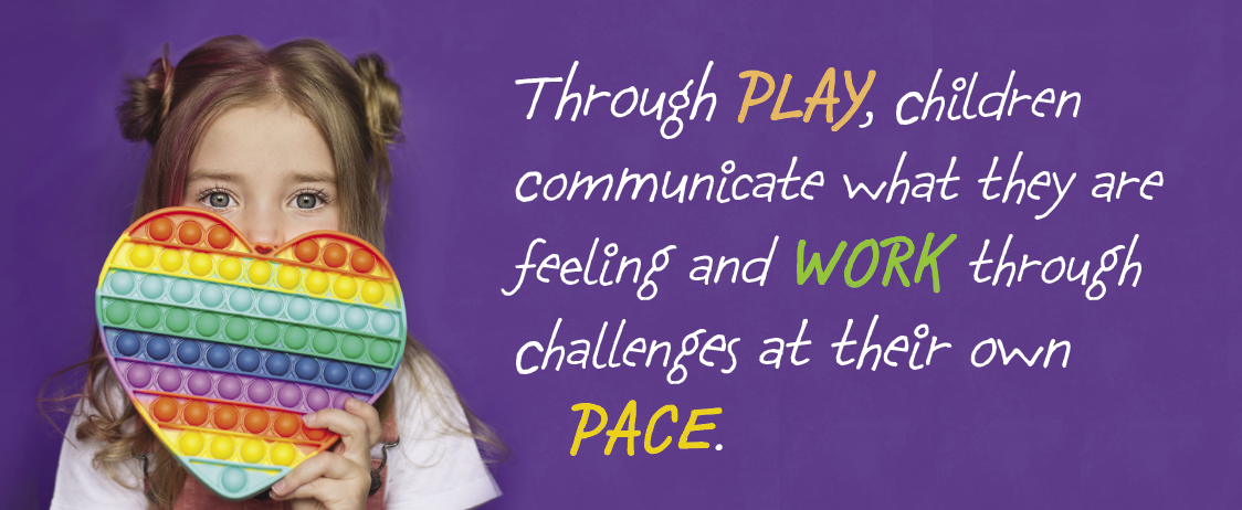A young girl with brown hair in pigtails holding a rainbow-colored pop-it sensory toy in front of her face, with a purple background and an inspirational quote about children's emotional expression.