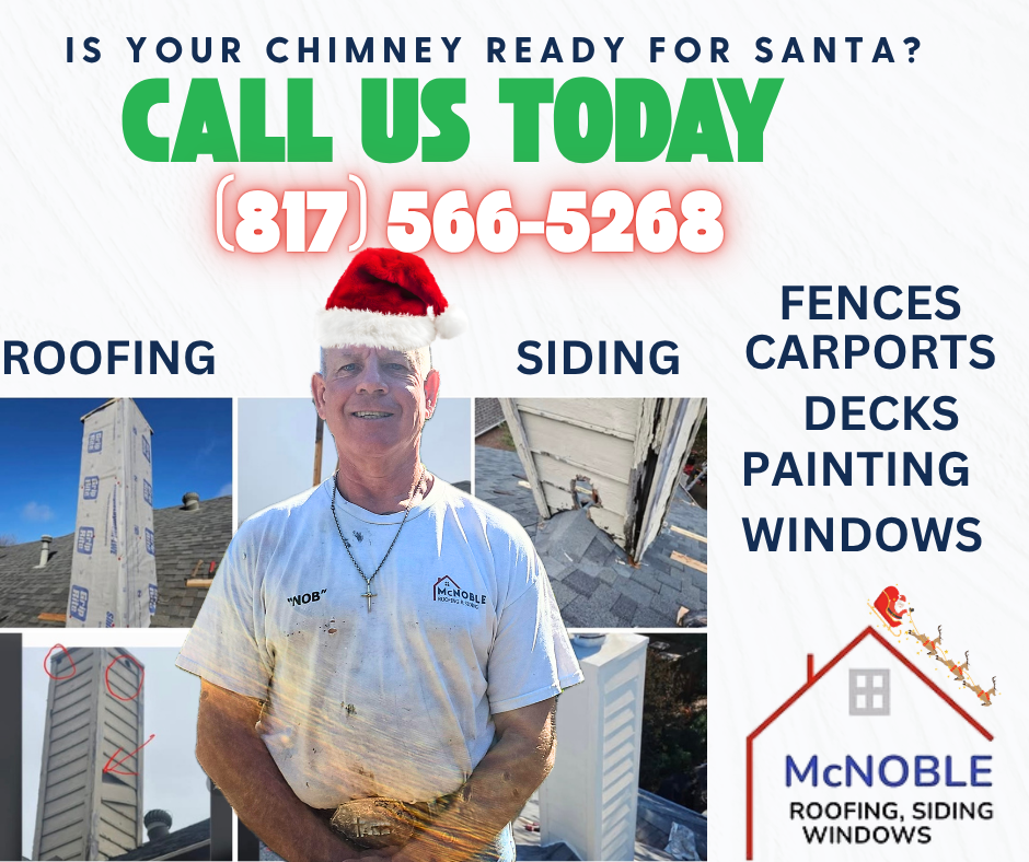 Advertisement for McNoble roofing services, featuring a man wearing a Santa hat, with images of roofing, siding, fencing, carports, decks, painting, and windows, and a contact number (817) 566-5268 for holiday home repairs.