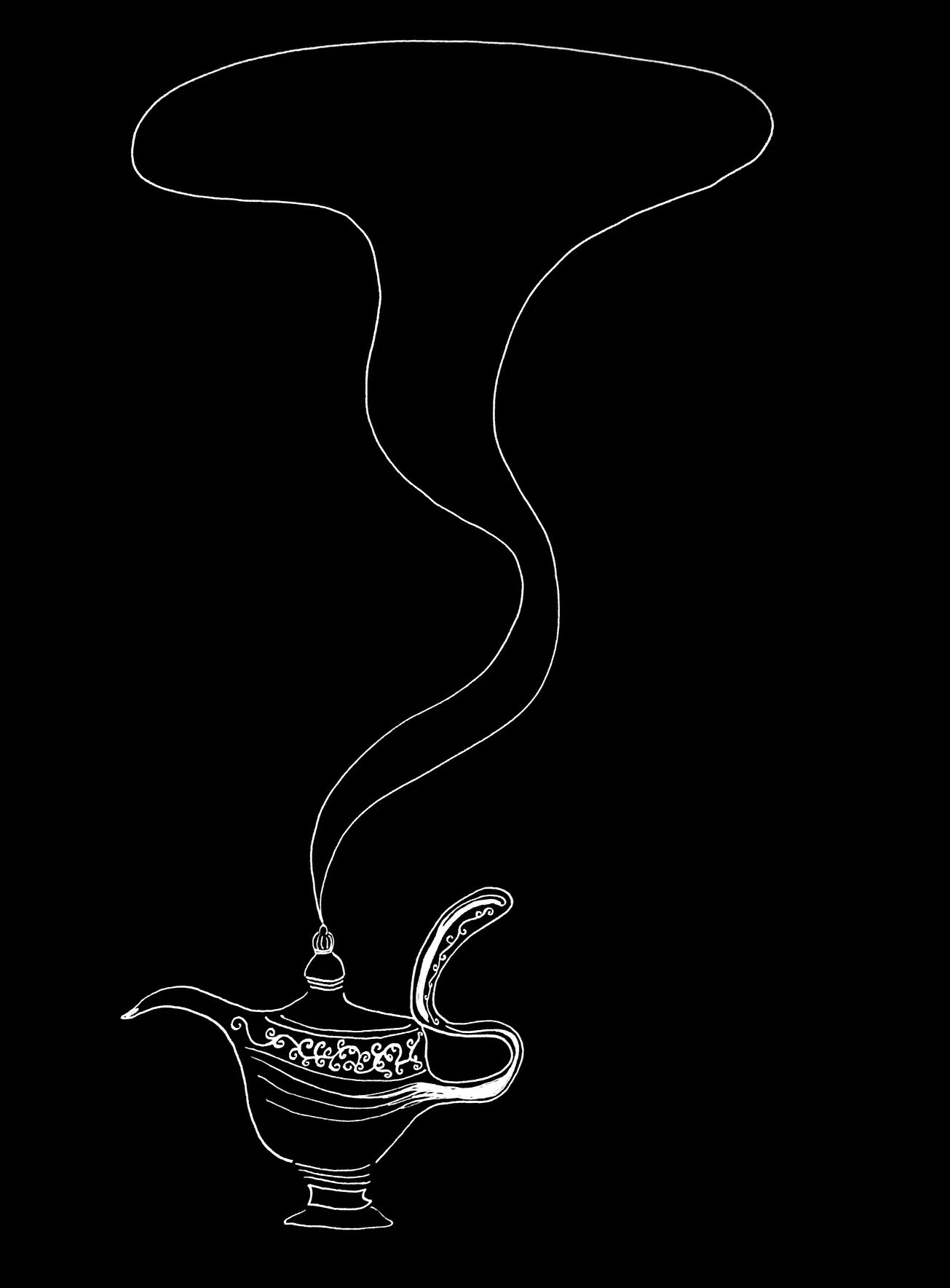 Elana Kline Art Photography: Outline drawing of a magic lamp with smoke rising from its spout on a black background.