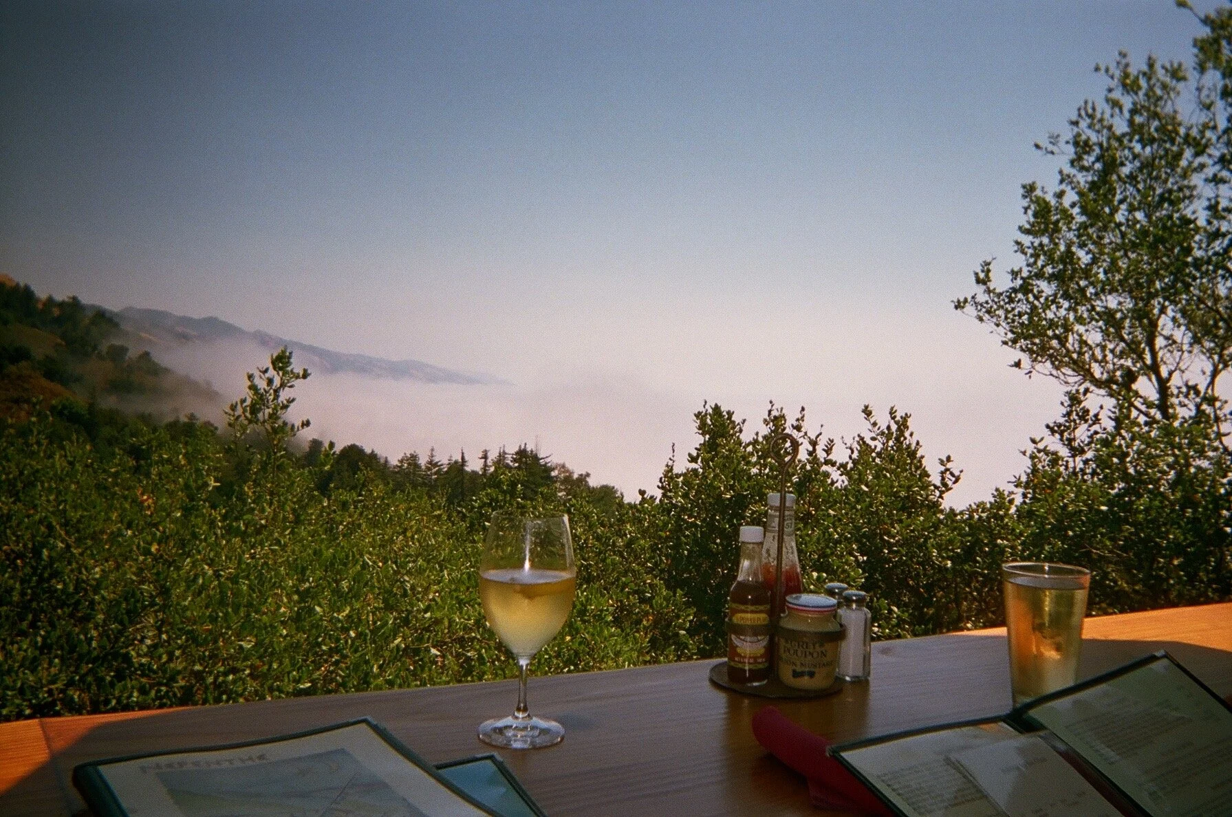 Elana Kline Art Photography: A table with a glass of white wine, condiments, a metal cup, and menus in front of a view of a hazy landscape with trees, mountains, and a sky.