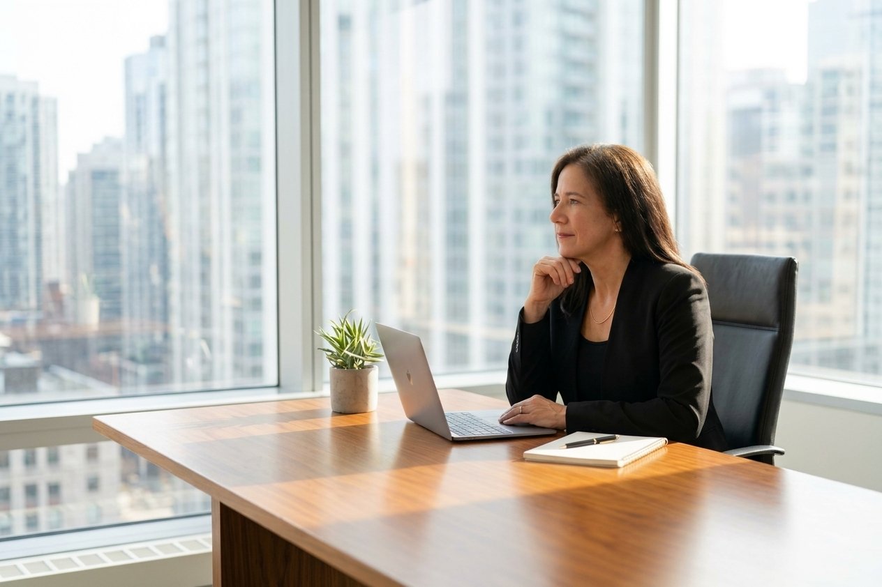 This is Ana Pedraza, sitting at a wooden desk in a modern office with large windows showing a city skyline, working on a laptop with a plant, notebook, and pen on the desk.