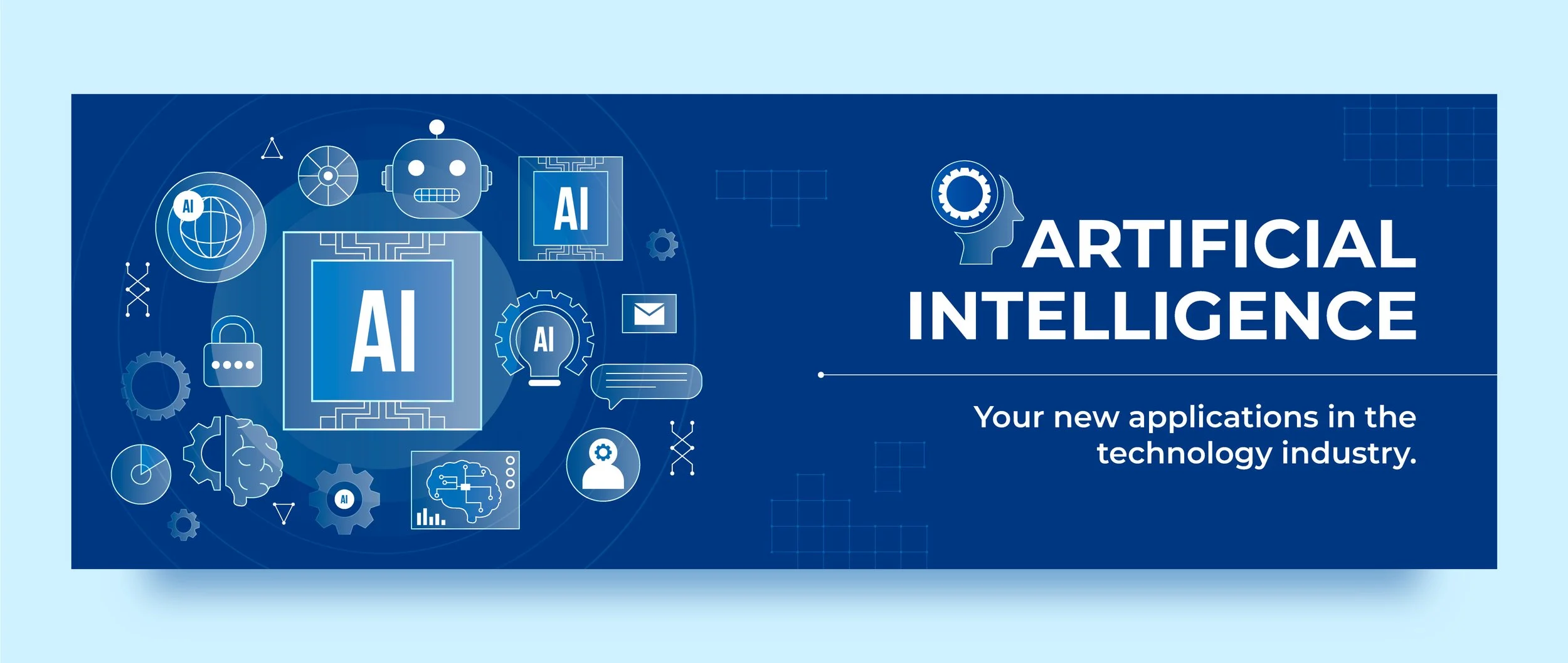 Blue promotional banner for artificial intelligence with icons of a robot, brain, gears, and a human head with a gear inside, and the text "Artificial Intelligence" and "Your new applications in the technology industry."