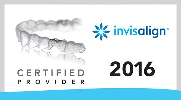 Invisalign logo with a row of clear aligners and text indicating 2016 certification as a trusted provider.