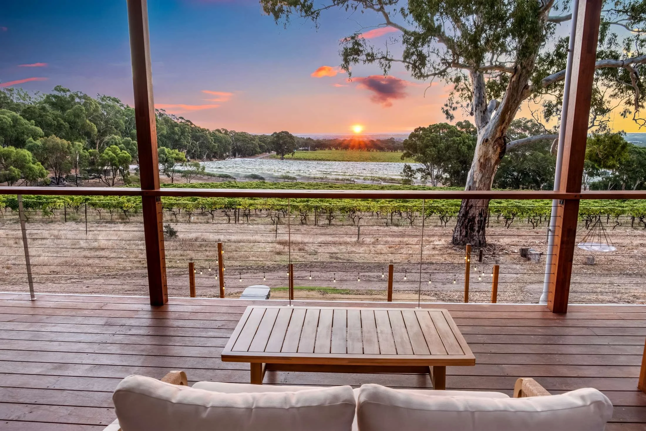 Sunset view from a wooden deck overlooking a vineyard and countryside with trees, fields, and a cloudy sky.
