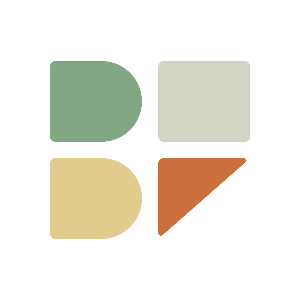 Brett Findlay Financial Logo Icon. Four geometric shapes arranged in a square: a green semicircle, a light grey square, a beige semicircle, and a brown right triangle.