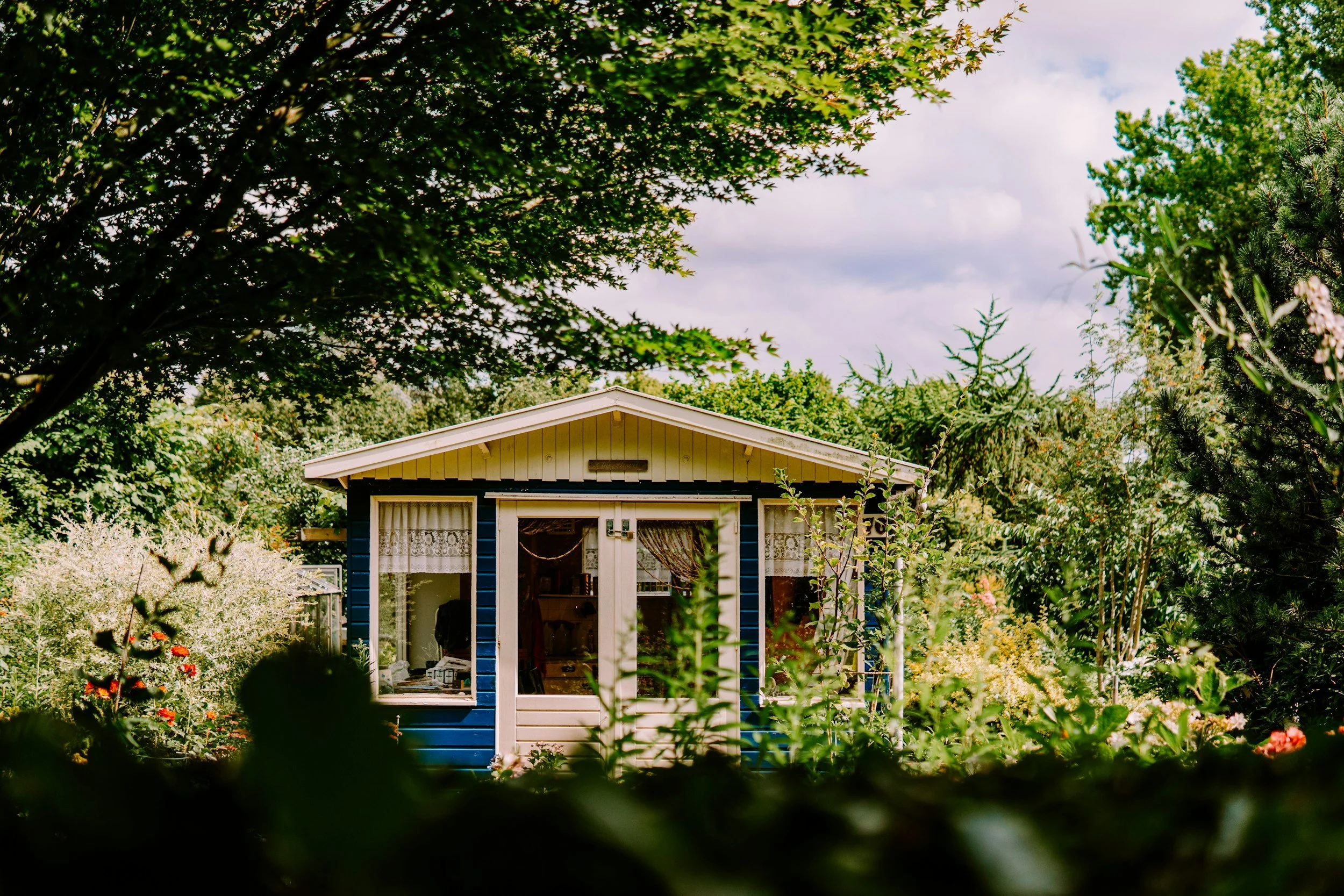 A small blue and white house surrounded by lush green trees and plants, viewed through bushes in a garden.