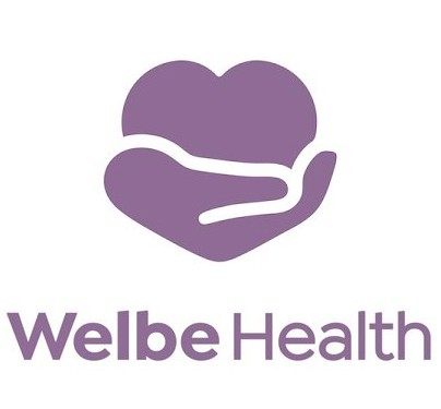 A purple heart-shaped logo with a hand inside, and the text "Welbe Health" underneath.