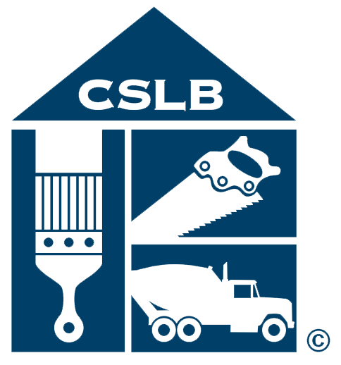 Logo for CSLB with icons of a paintbrush, saw, toy robot, and construction truck inside a house shape.