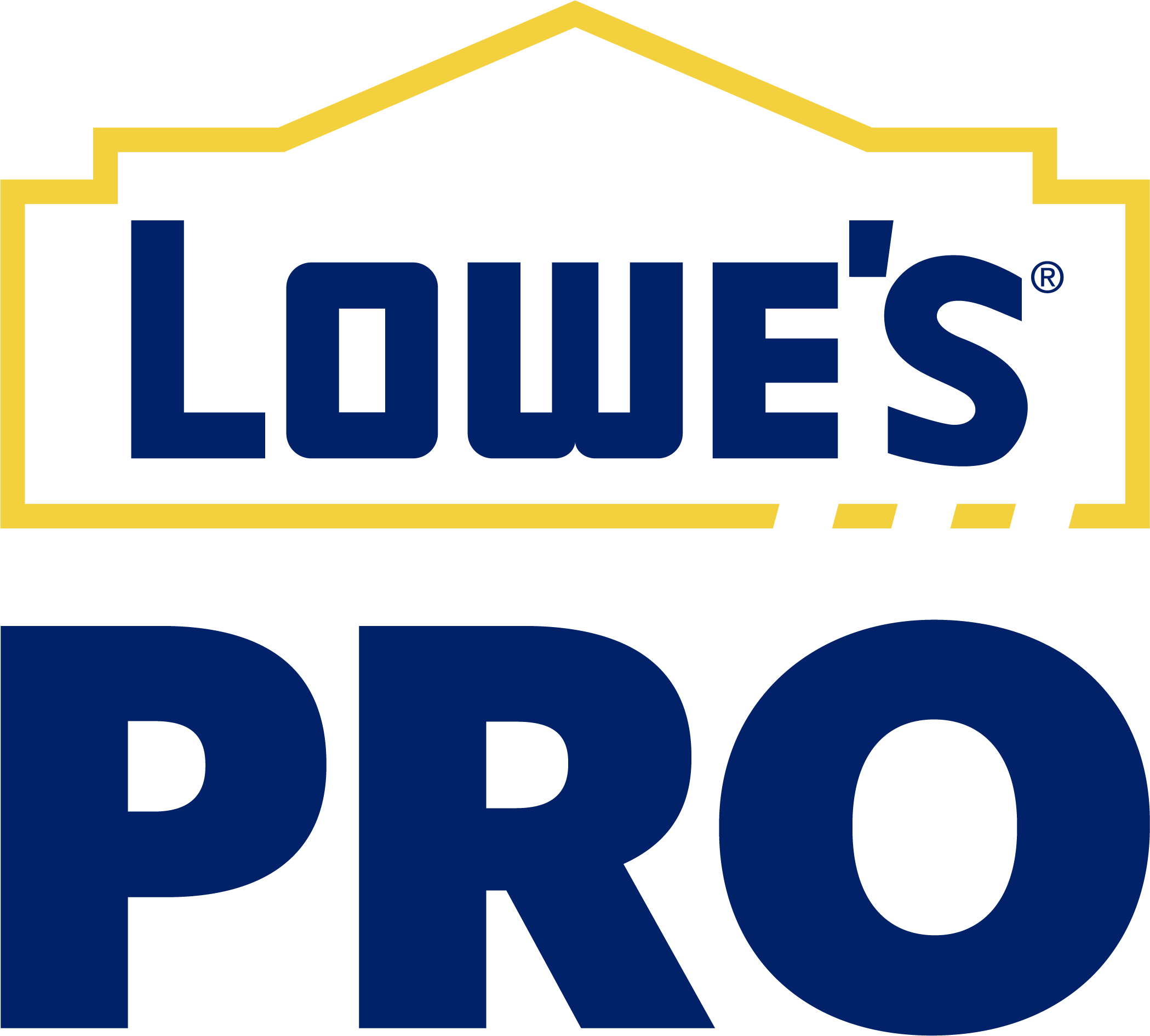 Lowe's PRO logo with black background, gold border, and navy blue text.