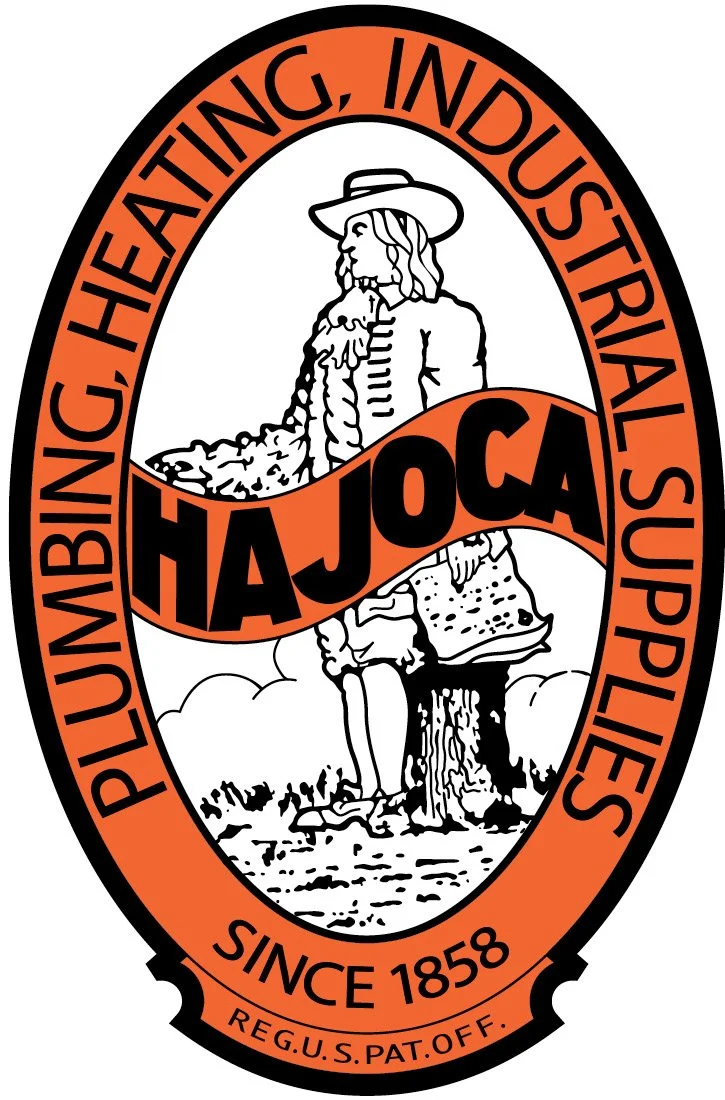 A logo with an orange and black border, featuring a bearded man in 18th-century attire holding a large axe and standing on a tree stump, with the text 'Plumbing, Heating, Industrial Supplies' around the top and 'Since 1858' at the bottom. The word 'HAJOCA' is written across the image in bold letters.