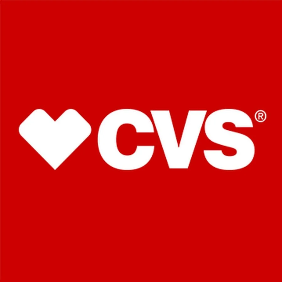CVS pharmacy logo with red background, a white heart shape, and the letters 'CVS' in bold white font.
