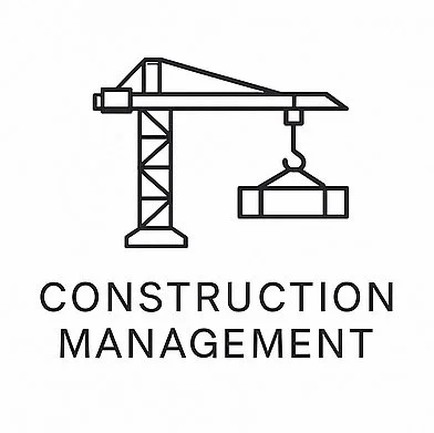 Outline of a construction crane lifting a load with text "Construction Management" beneath
