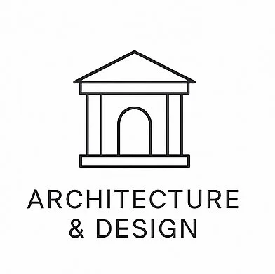 Line drawing of a classical building with columns and a triangular pediment, labeled 'ARCHITECTURE & DESIGN'.