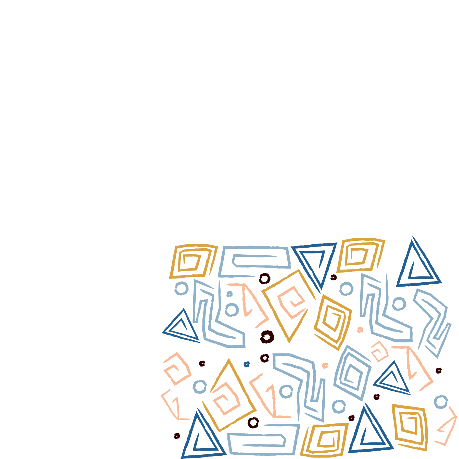 Colorful geometric patterns with various shapes and lines on a black background.