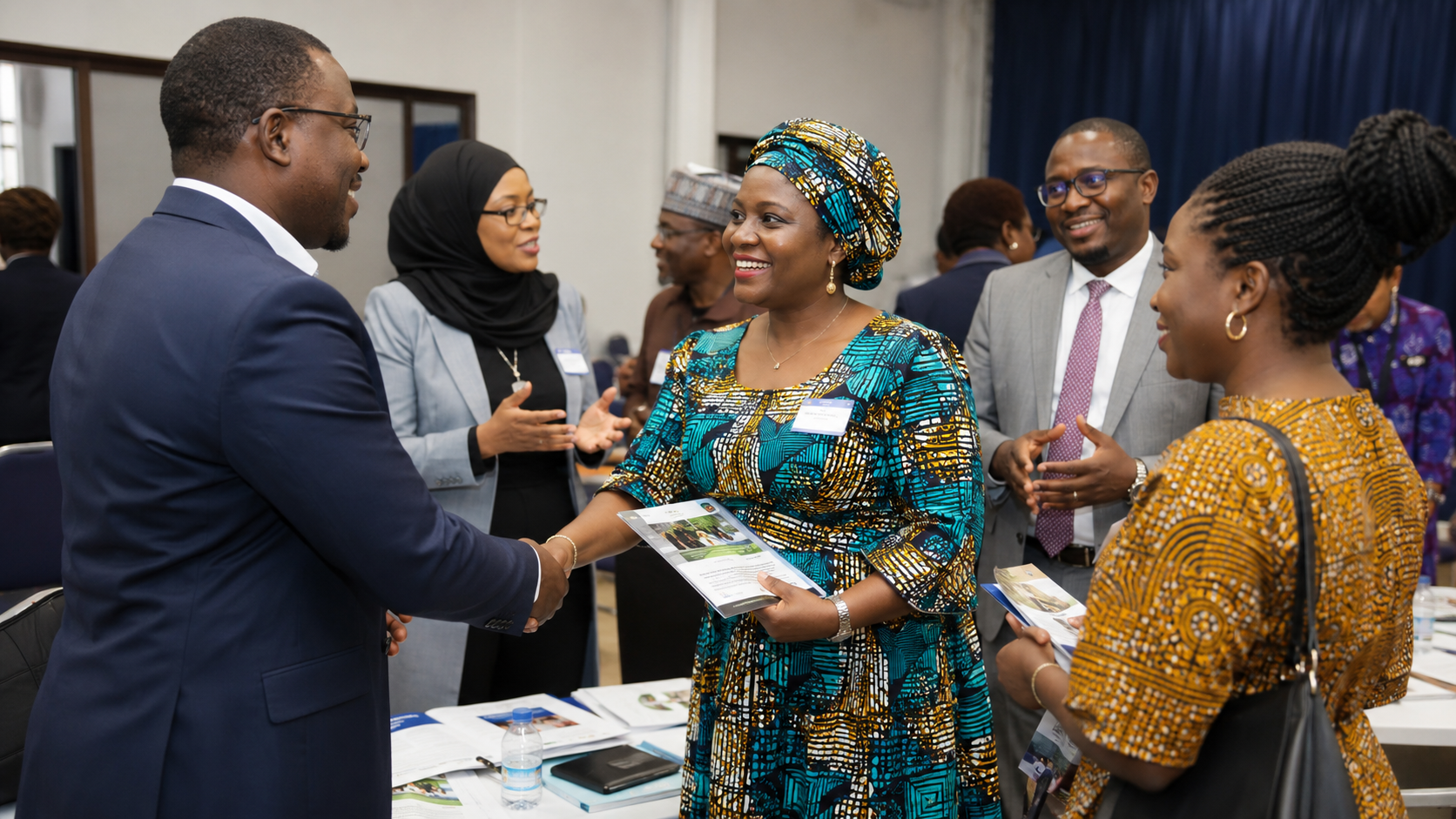 People in business attire at a professional networking event engaging in conversations, with some smiling and shaking hands.