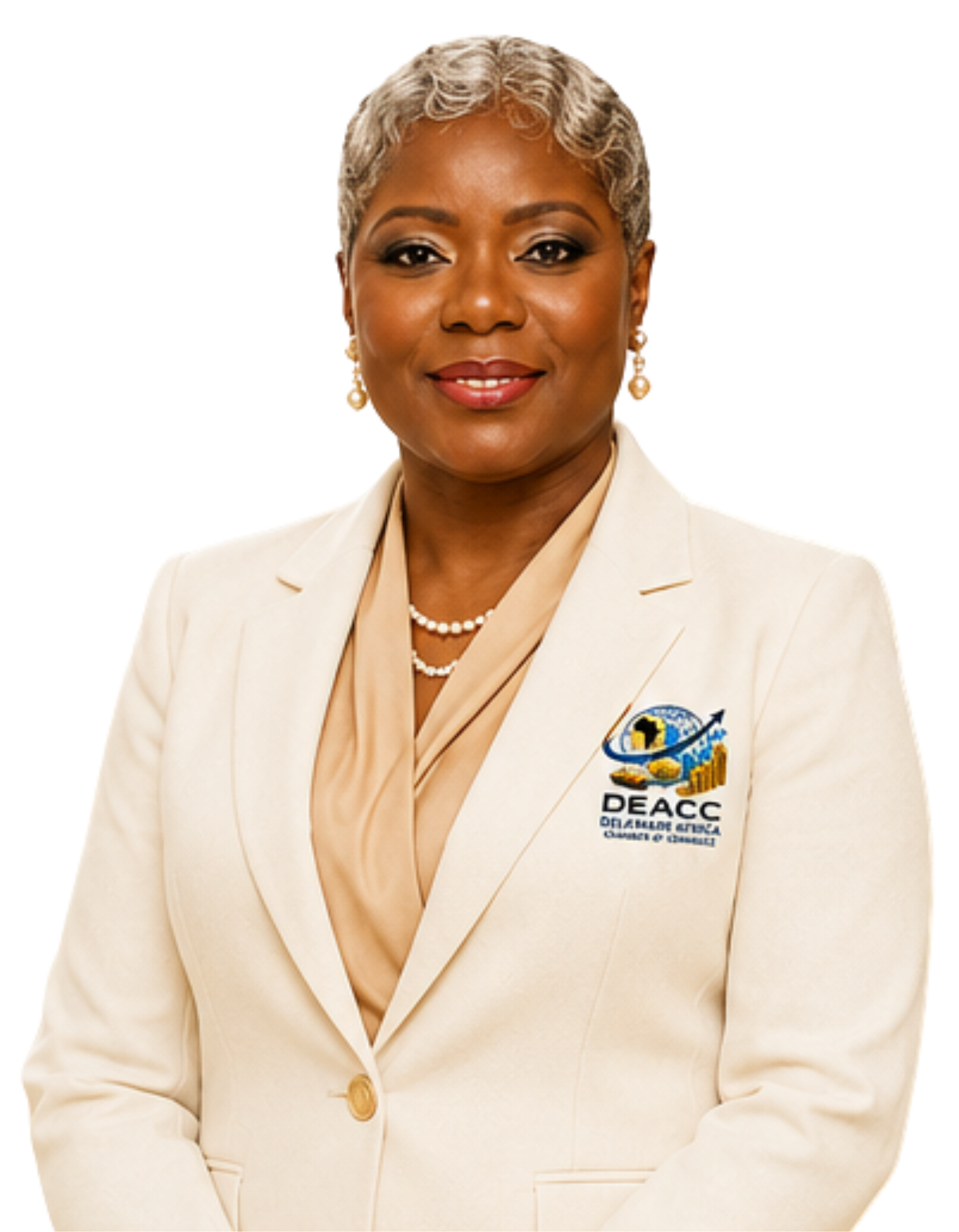 A woman with short, curly grey hair wearing an off-white blazer, beige blouse, pearls, and earrings. She has a smile and a badge with the DEAC logo on her blazer.