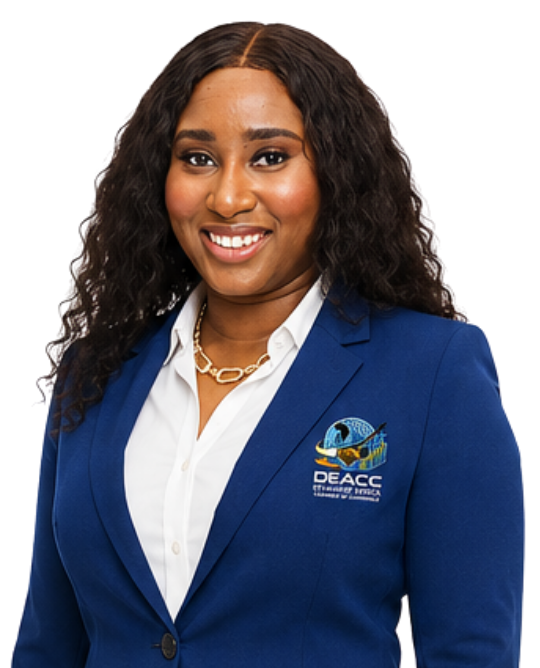 A smiling woman wearing a blue blazer with NASA and DEACC logos, white shirt, and gold necklace.