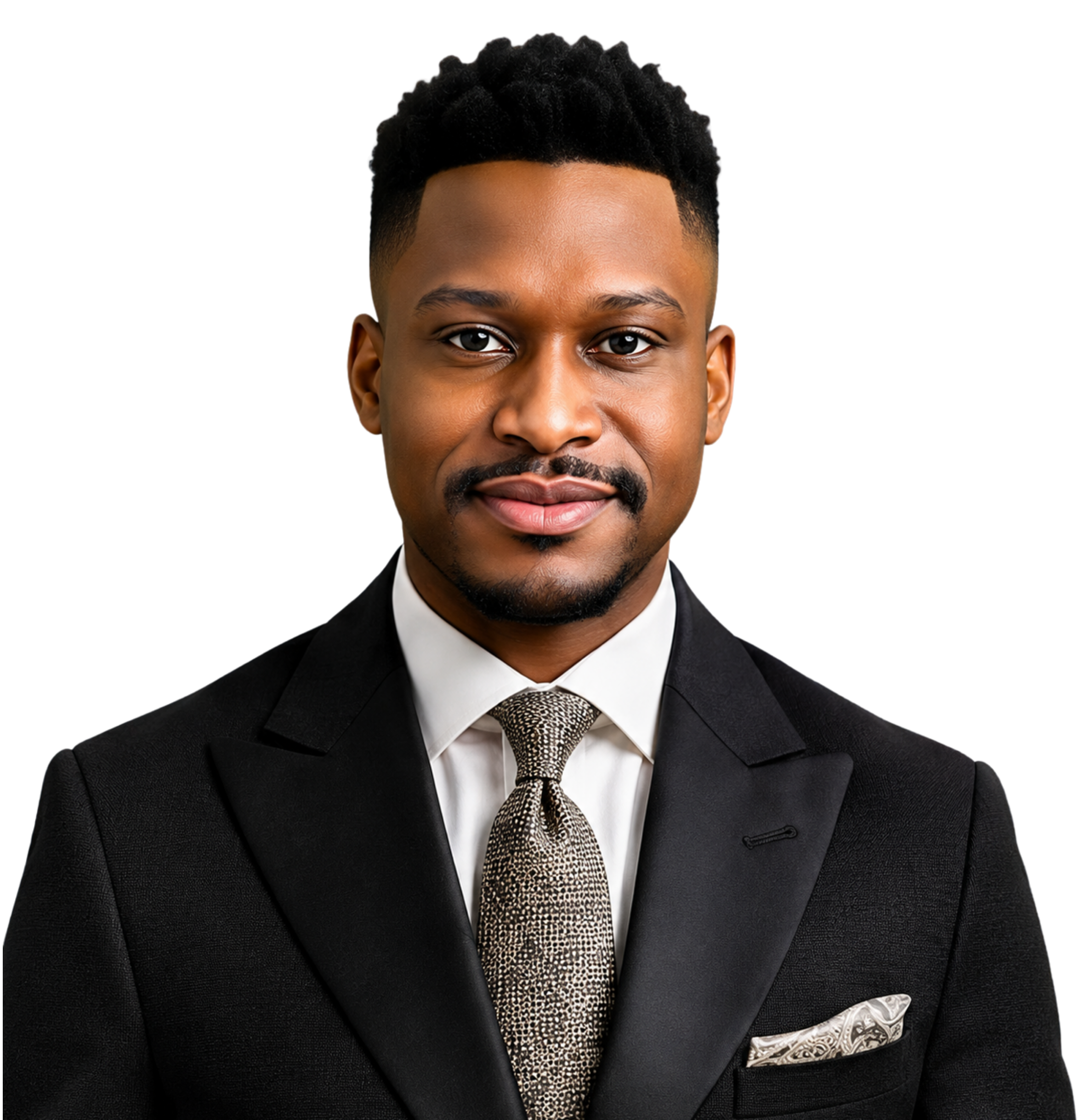 Headshot of a man wearing a black tuxedo, white shirt, and a patterned tie.
