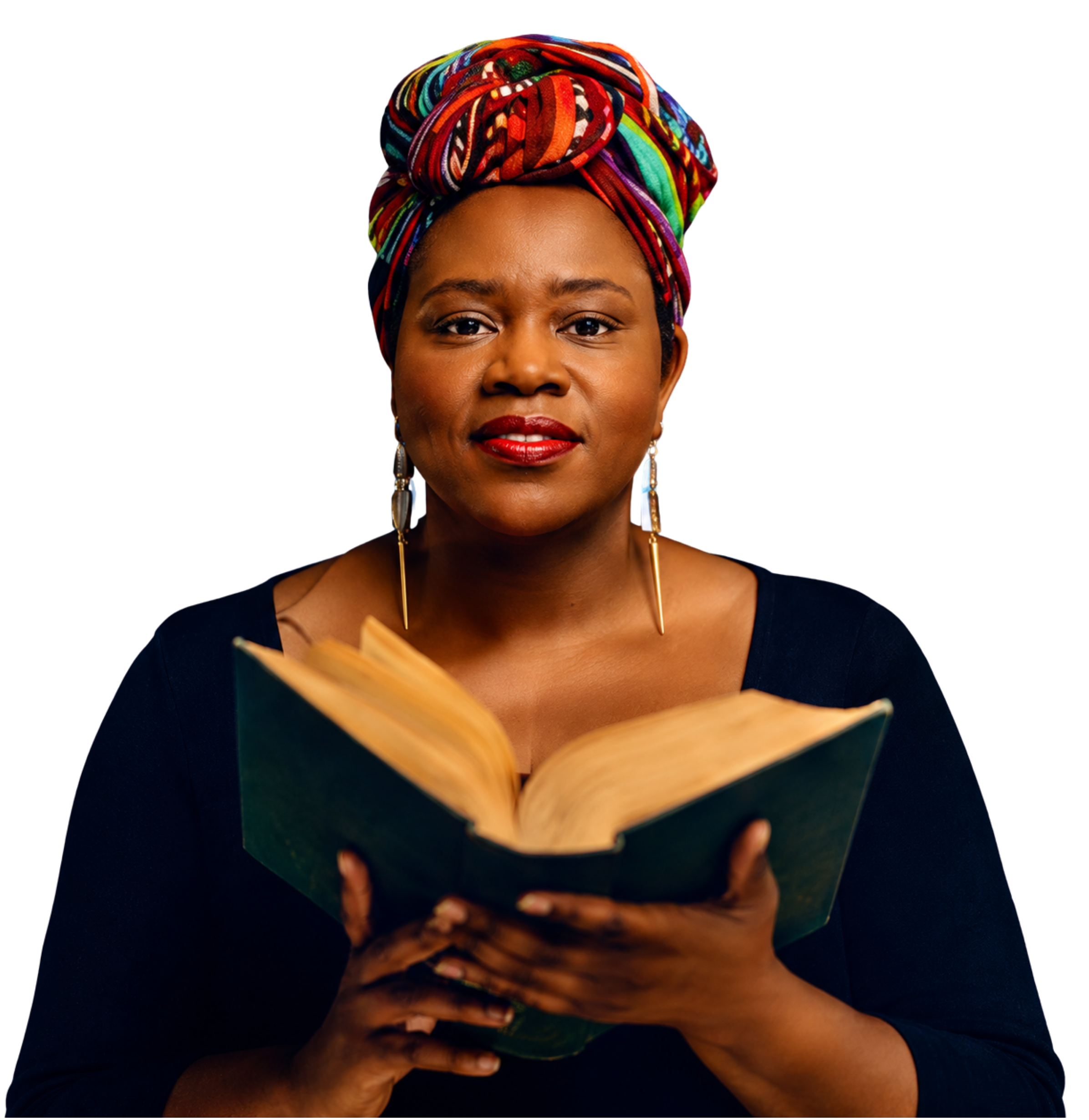 A woman with a rainbow-colored headwrap and earrings, holding an open book.