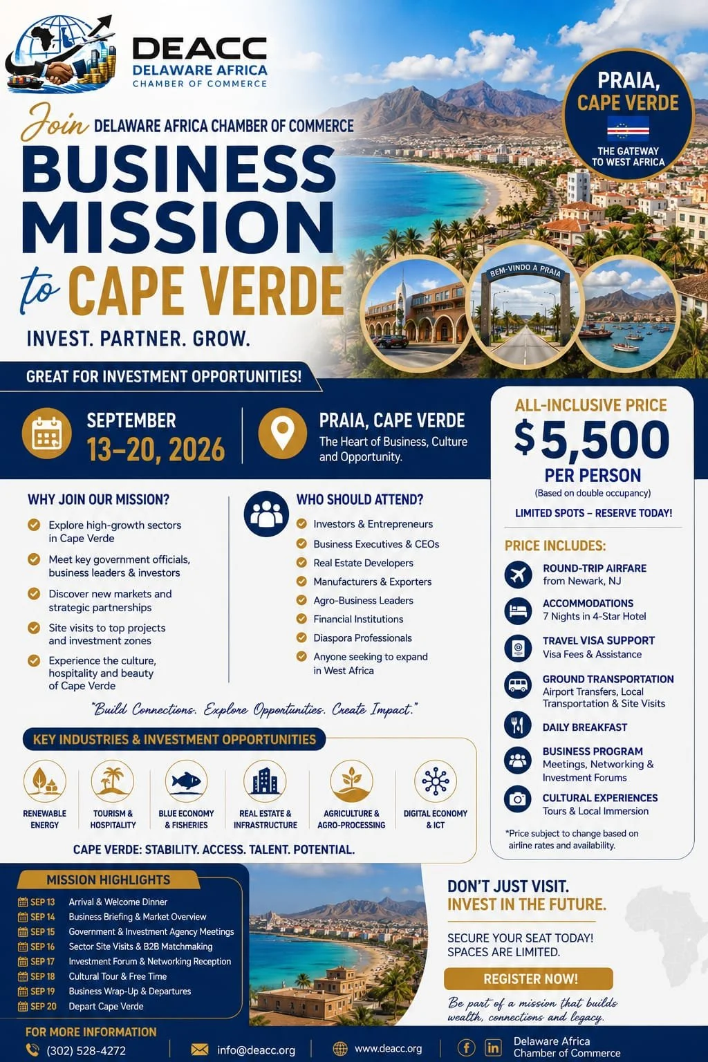Flyer for a business mission to Cape Verde organized by the Delaware Africa Chamber of Commerce, taking place September 13-20, 2026. The flyer features images of Cape Verde's scenic coast and town, with details about the event, registration, and key industries.