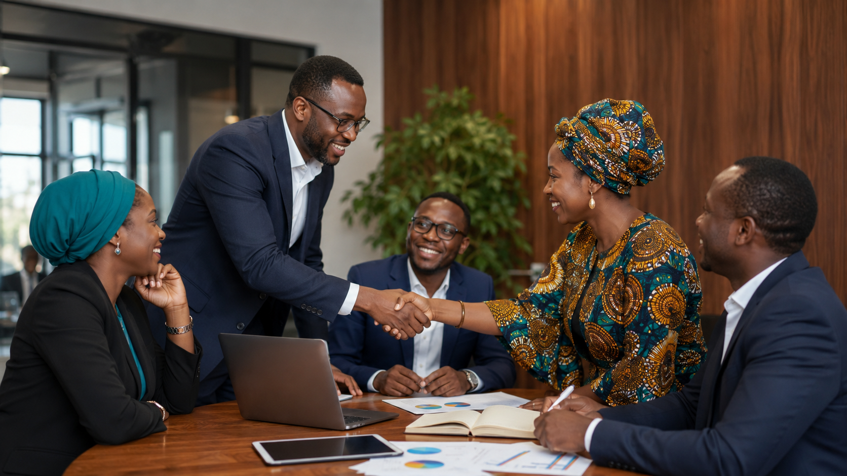 A diverse group of five professional people in business attire gathered around a conference table, two women are shaking hands, and everyone is smiling and engaged in a meeting or discussion.