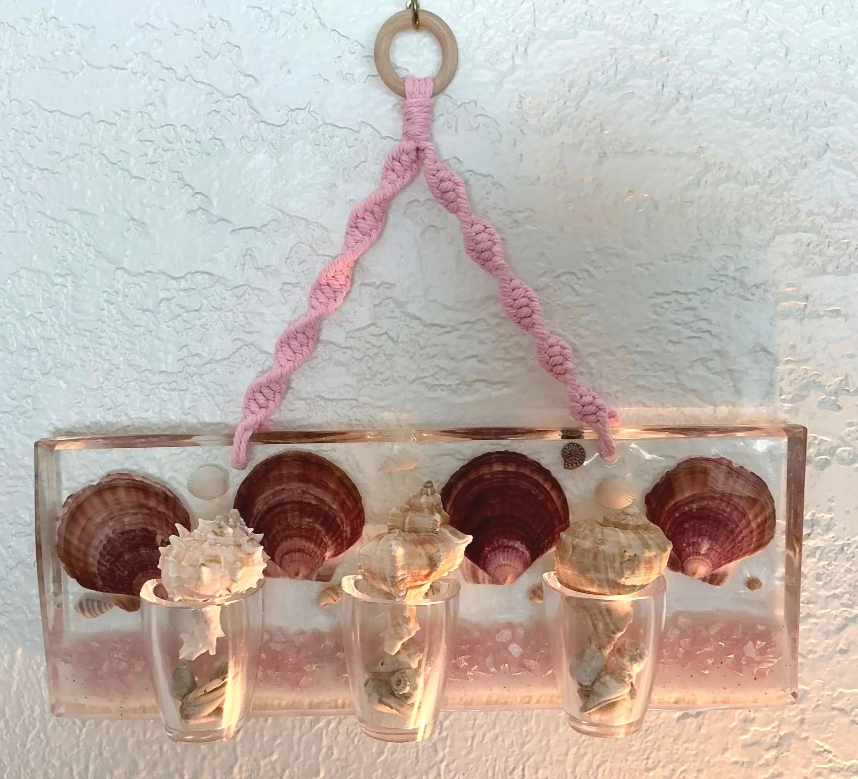 Clear resin coastal wall display styled with collected seashells inside the three front vessels and larger natural shells resting at the openings.