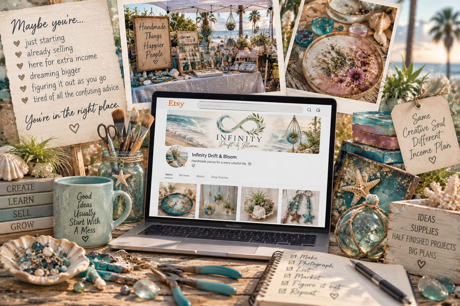 Collage of handmade business starting points, including an Infinity Drift & Bloom Etsy shop, craft market display, resin pieces, jewelry supplies, tools and notebooks in a coastal creative workspace.