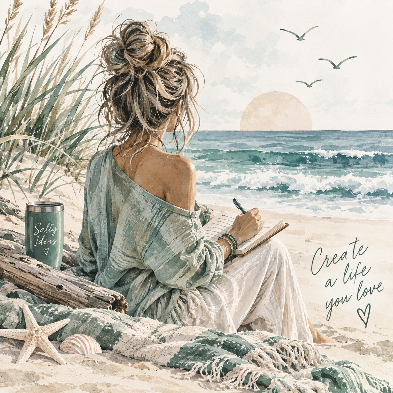 A woman with blonde hair in a messy bun sits on the beach, writing in a notebook. She is wearing an off-shoulder top and white pants. Beside her is a tumbler that says 'Salty Ideas' and some starfish and shells. The ocean with waves and the setting sun are in the background, along with a few seagulls flying. The text 'Create a life you love' is written on the right side of the image.