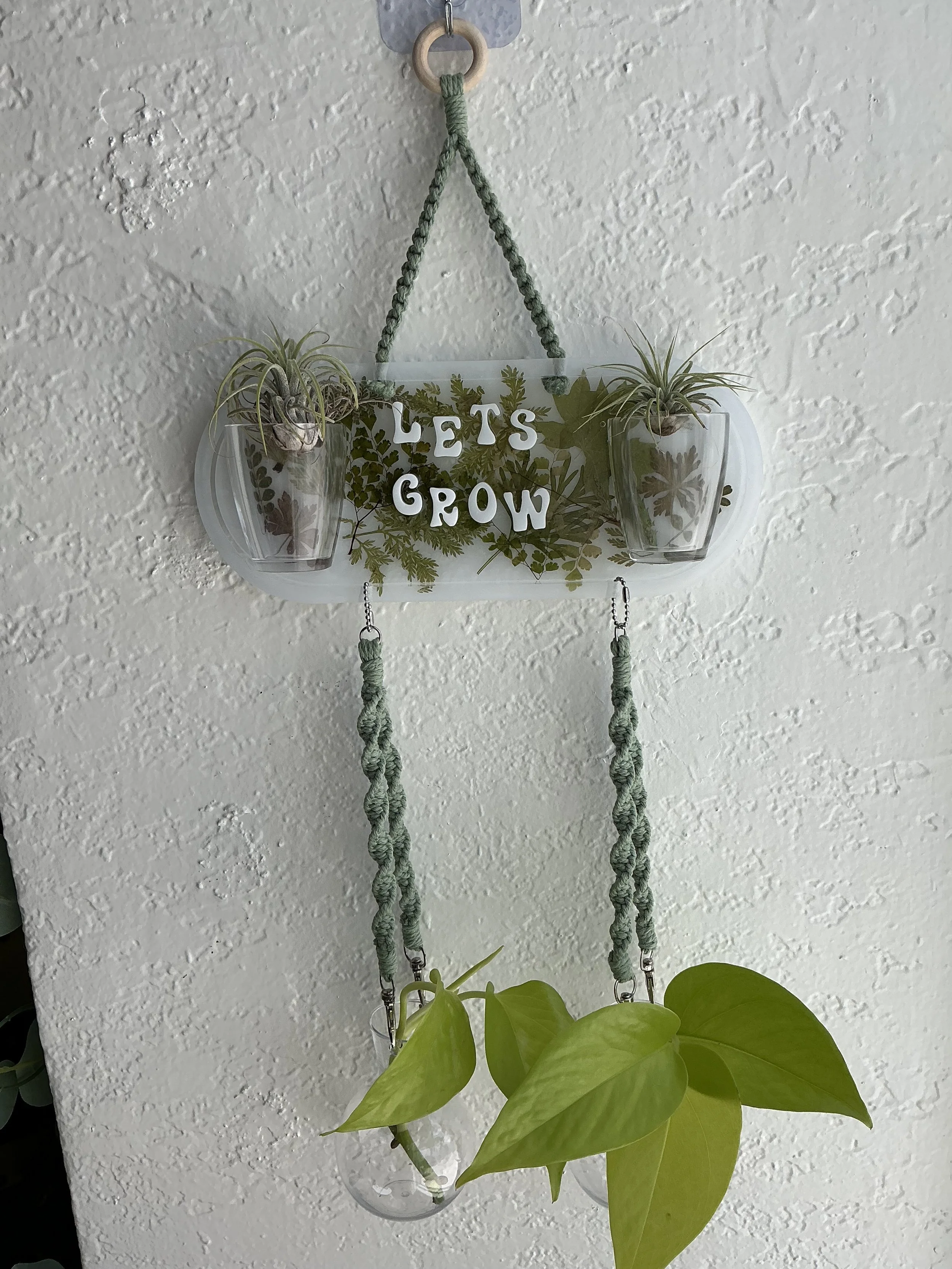 Full front view of an empty hanging propagation station with a botanical resin panel, white “LET’S GROW” lettering, sage green macramé, two upper plant cups, and two removable clear round vases.