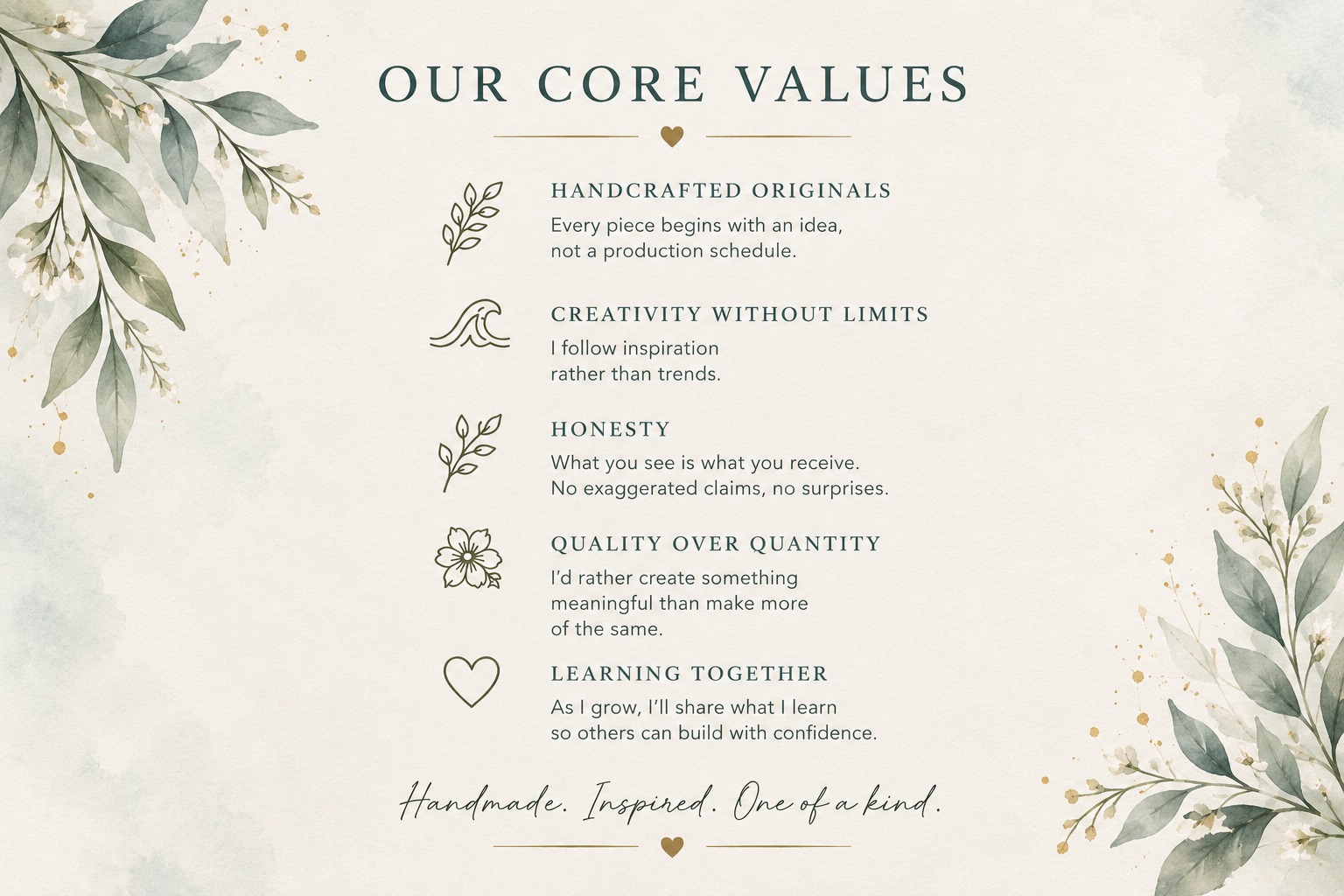 Aesthetic graphic design of a list titled 'Our Core Values,' featuring watercolor foliage on the top left and bottom right corners. The list includes five core values with icons: Handcrafted Originals, Creativity Without Limits, Honesty, Quality Over Quantity, and Learning Together. The background is a light, textured cream with gold accents.