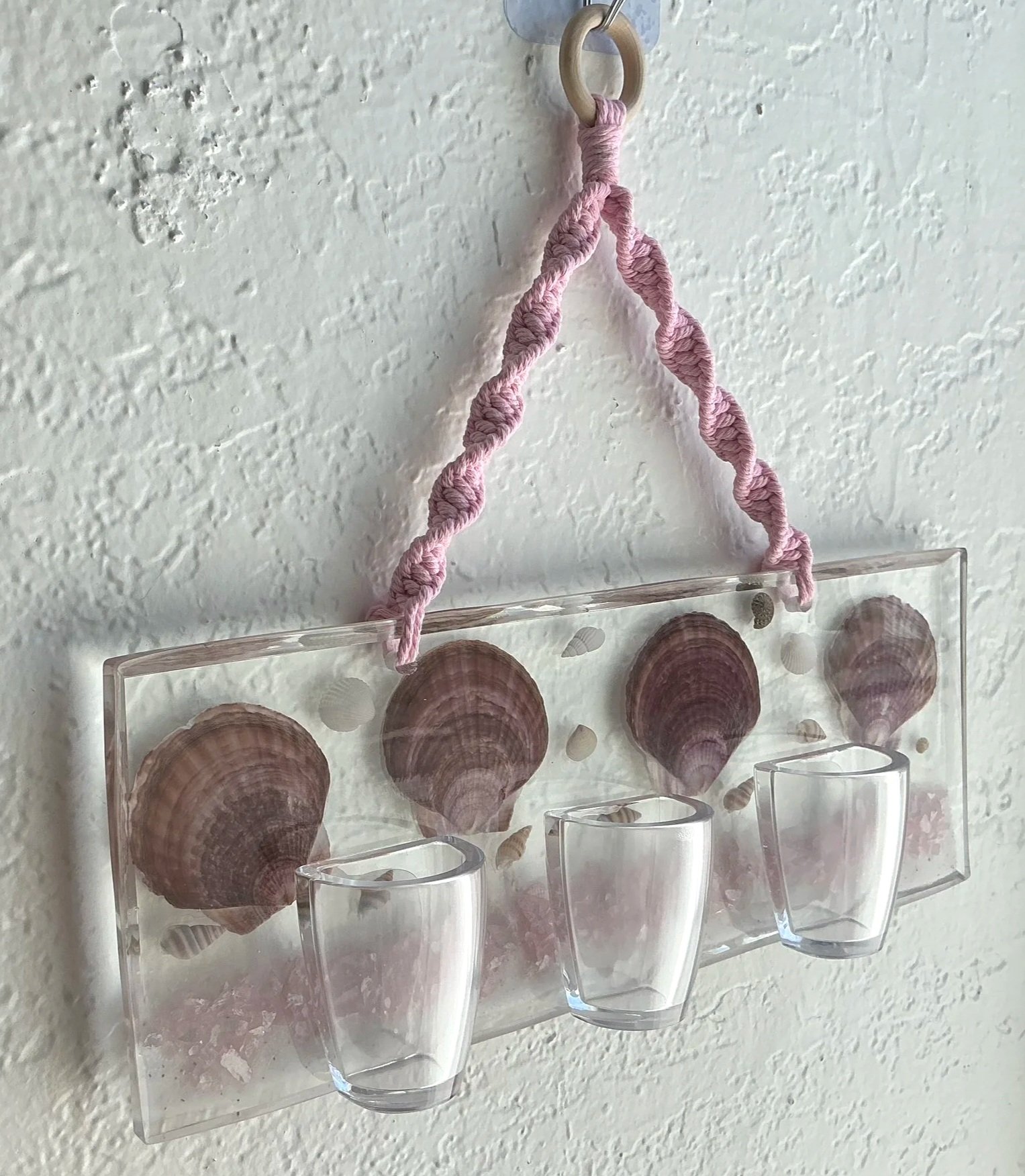 Angled view of clear resin coastal wall planter showing four embedded pink scallop shells, small seashells, pink stone, three clear front vessels and pink macrame hanger.