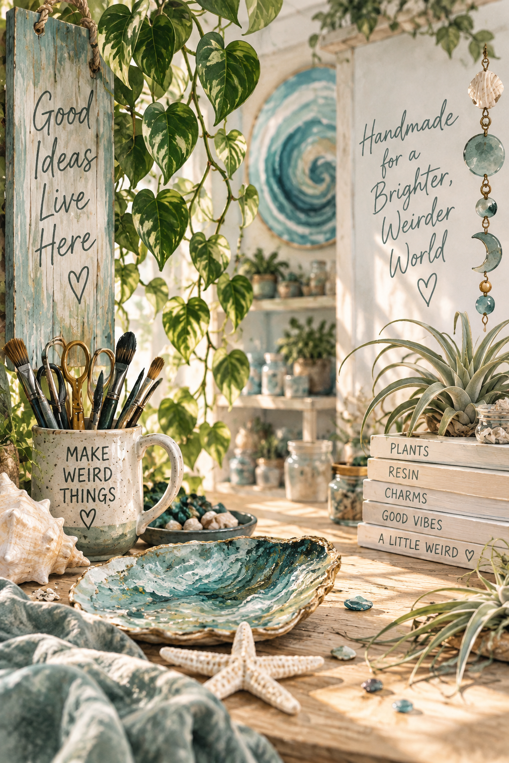 A creative workspace with plants, seashells, starfish, and decorative signs that read 'Good Ideas Live Here,' 'Handmade for a Brighter, Weirder World,' and 'Make Weird Things.'