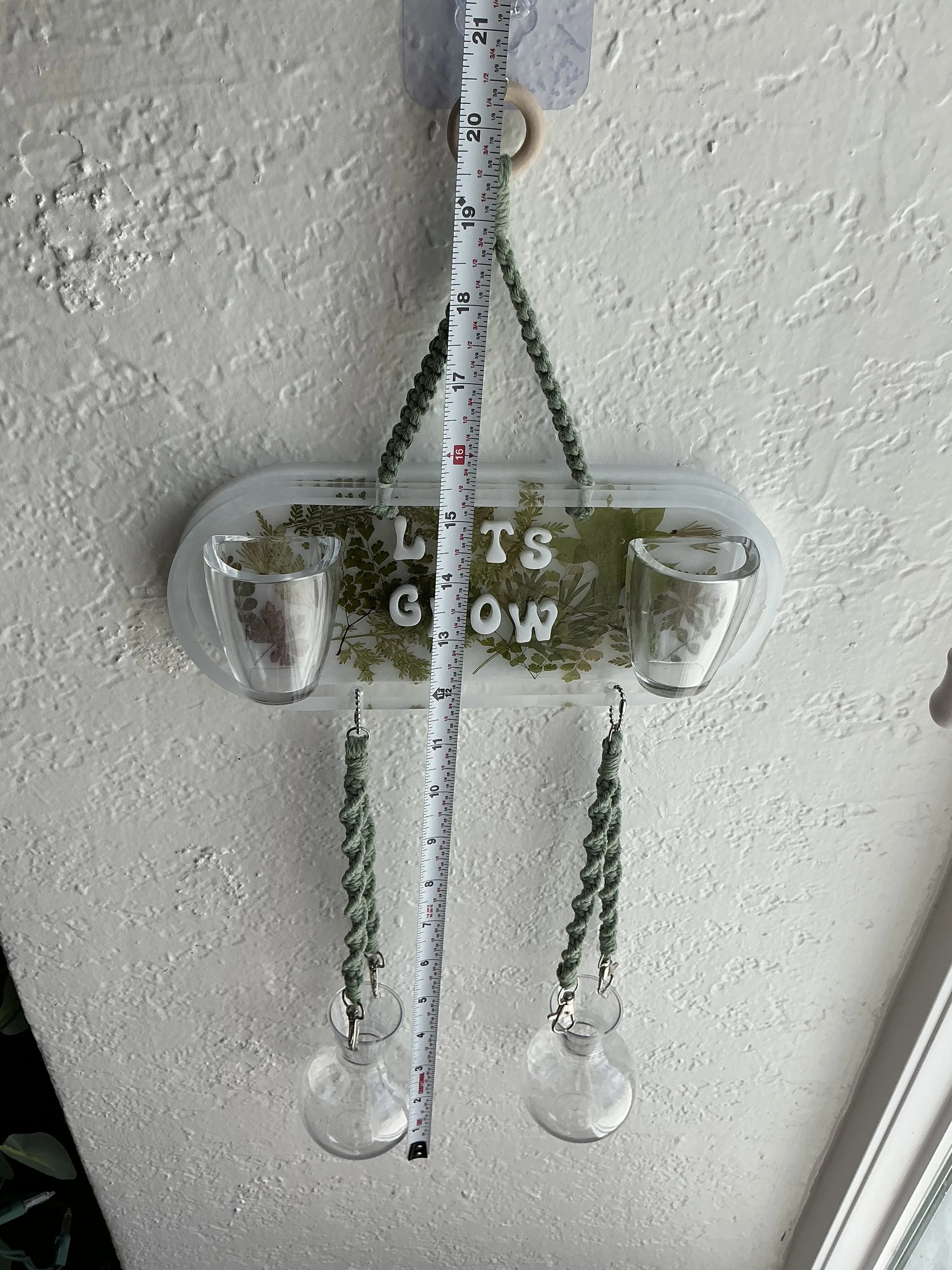 Full empty propagation station beside a measuring tape, showing an overall hanging length of approximately 20 inches from the wooden ring to the bottoms of the lower vases.