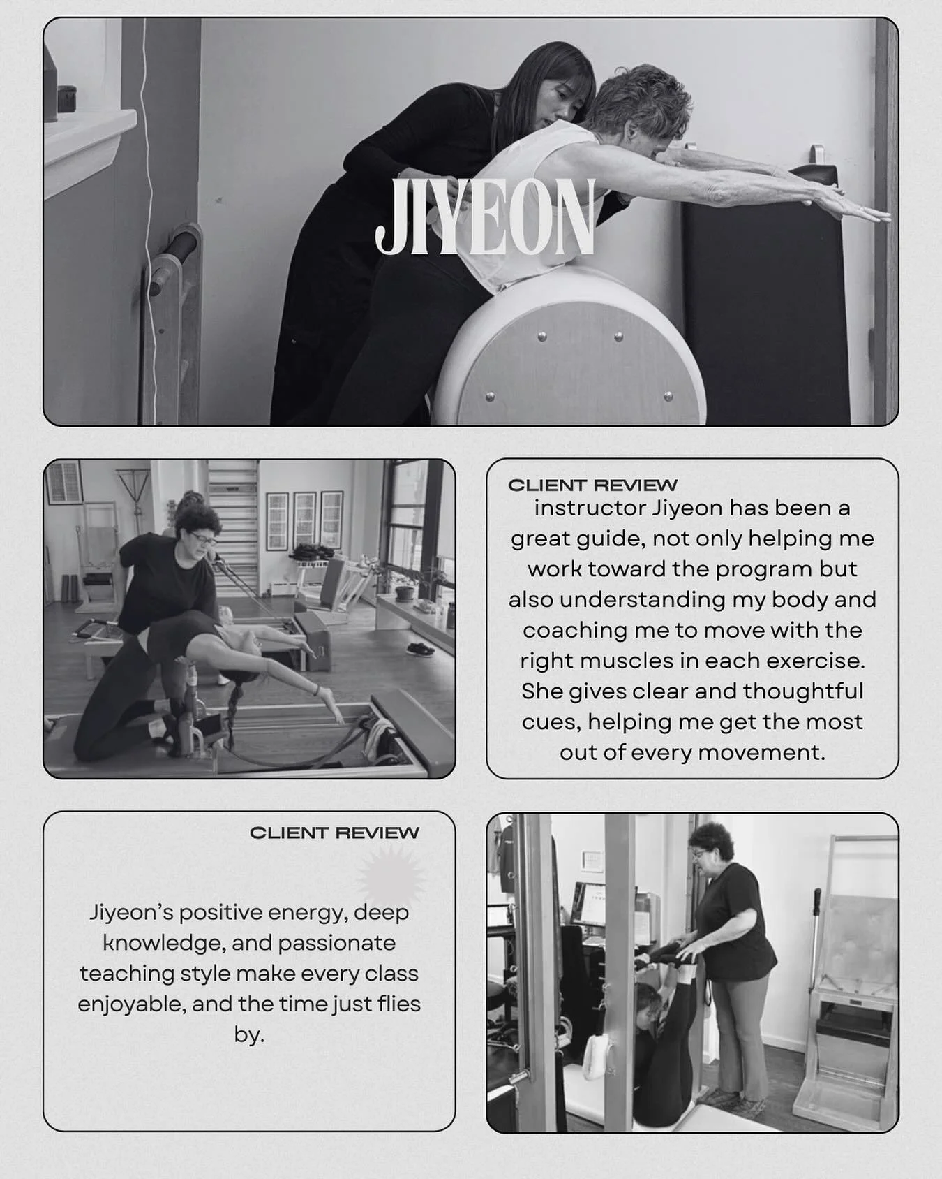 📎Jiyeon
: Instructor, Pilates Amuse

Jiyeon brings powerful energy and passionate intensity to every class she leads at Pilates Amuse.

Her teaching goes beyond movement &mdash; it&rsquo;s about challenging limits, awakening inner strength,
and tran