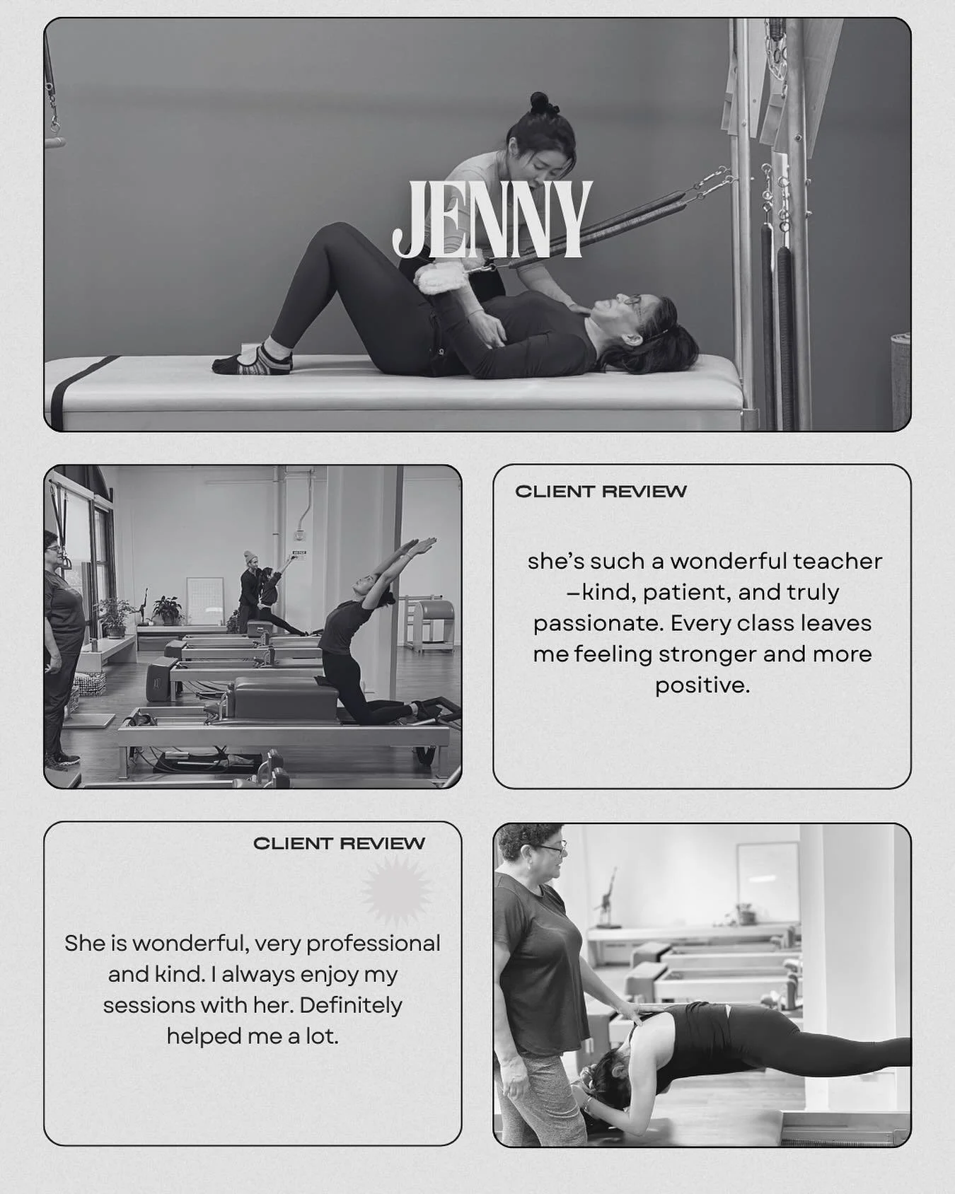 📎Jenny
: Instructor, Pilates Amuse

Jenny, one of our dedicated instructors at Pilates Amuse,
is known for her warm presence and keen eye for precision.

Her classes are calm and encouraging, yet grounded in meticulous accuracy and deep understandin