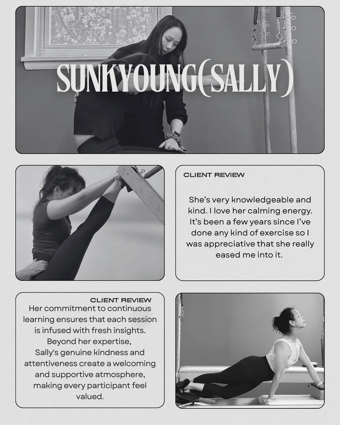 📎Sunkyoung Yoo
 : Owner &amp; Instructor, Pilates Amuse

Pilates Amuse is led by owner and instructor Sunkyoung Yoo,
who is trained in the authentic Romana&rsquo;s Pilates method

Her approach goes beyond physical movement;
it&rsquo;s about connecti