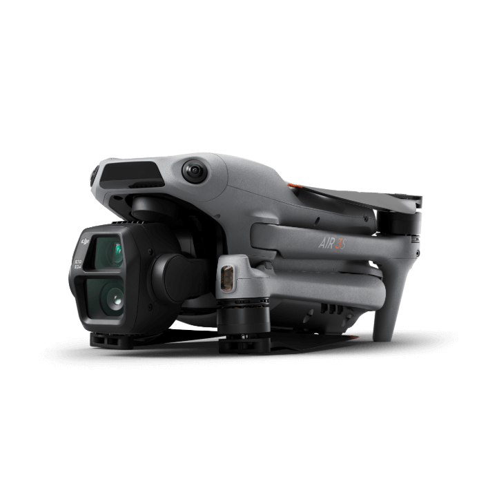 A professional camera drone with gimbal and camera lenses, labeled AIR 3S, on a black background.