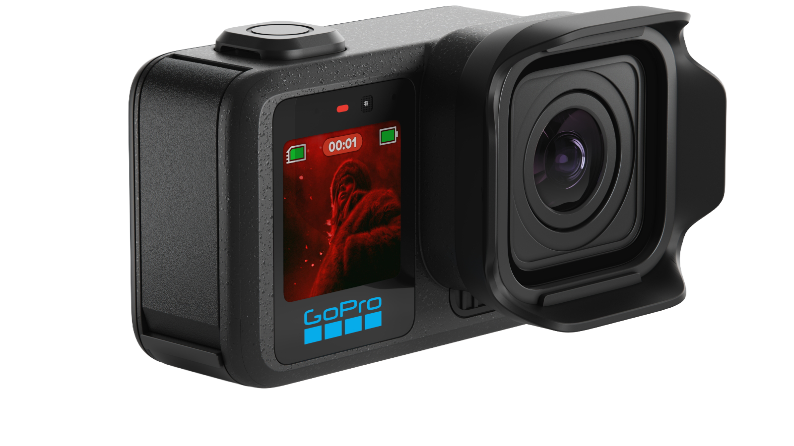 GoPro action camera with a display showing a red image of a dog, two green battery indicators, a recording timer, and the GoPro logo.