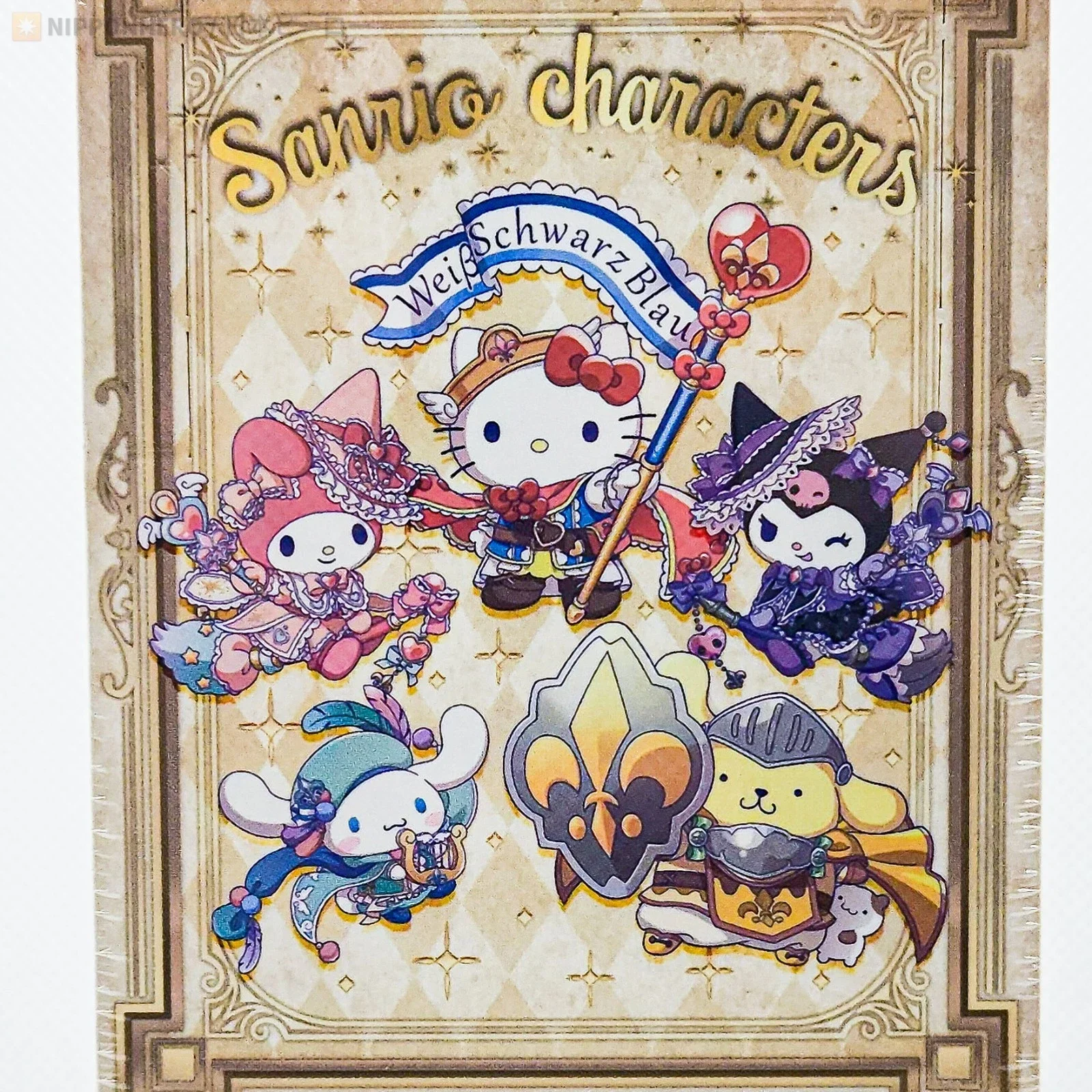 Collection of Sanrio character pins including Hello Kitty dressed as a noble or fantasy figure, My Melody in a pink dress with a bonnet, Cinnamoroll in a blue hat, and Pompompurin as a knight, with decorative elements like a fleur-de-lis and fantasy-themed accessories, in a fantasy-themed art style.