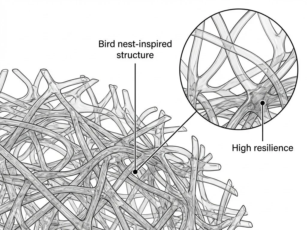 Close-up of a bird nest-inspired structure illustrating high resilience and complex network design.