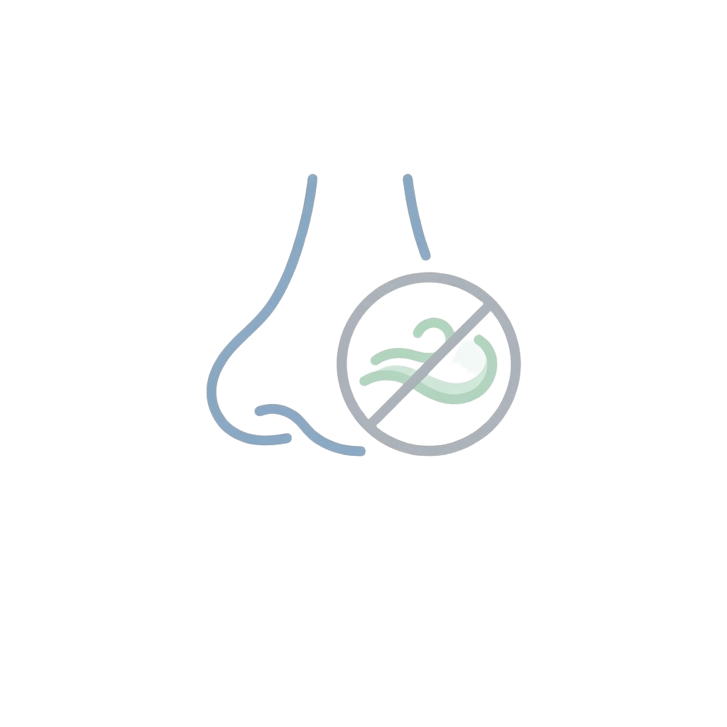 Line drawing of a nose with a prohibition sign and bacteria inside it, indicating no bacteria.