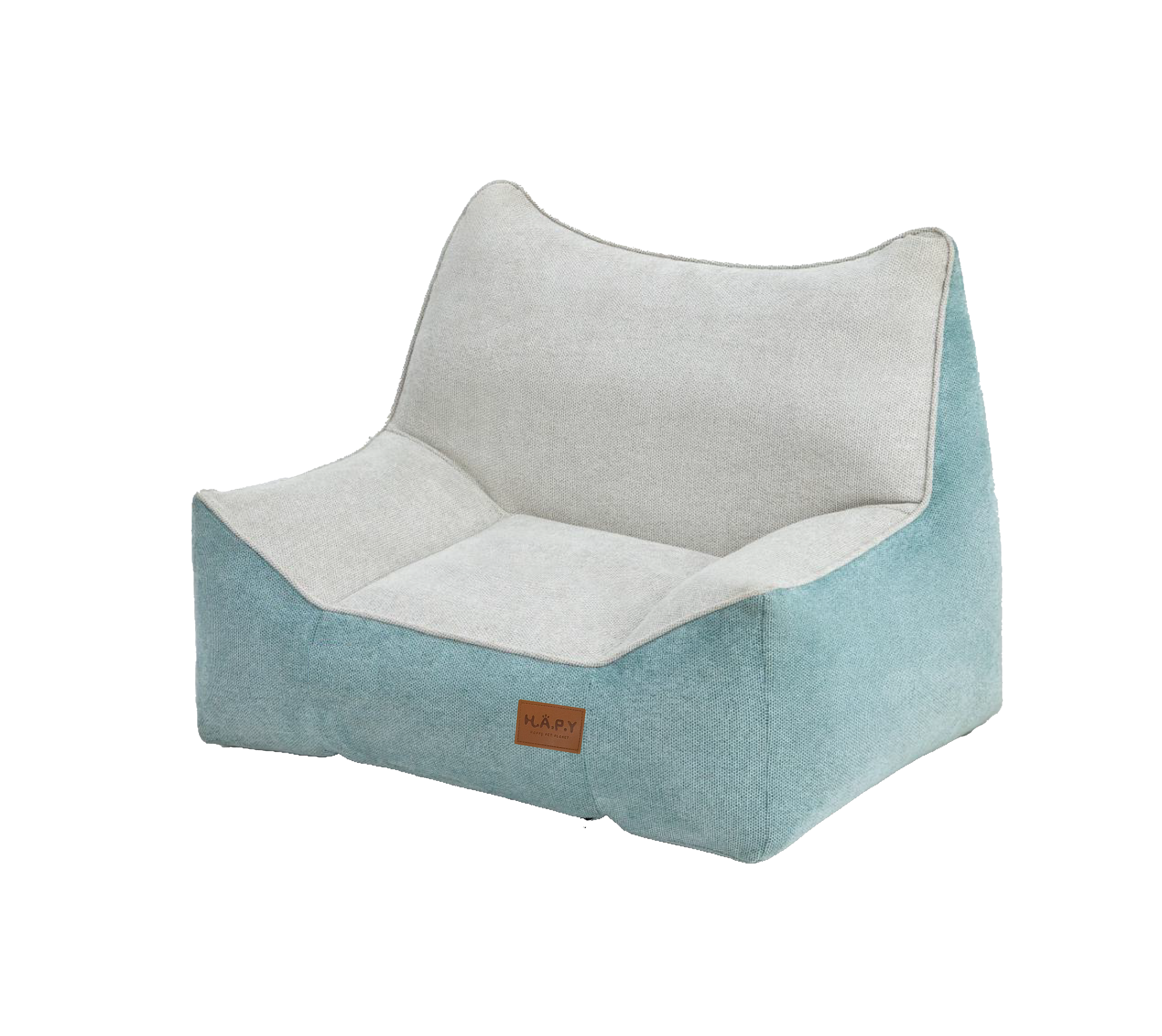 A modern, stylish pet bed with a light gray cushion and turquoise sides, featuring a leather label that says 'MÄXX' on the front.