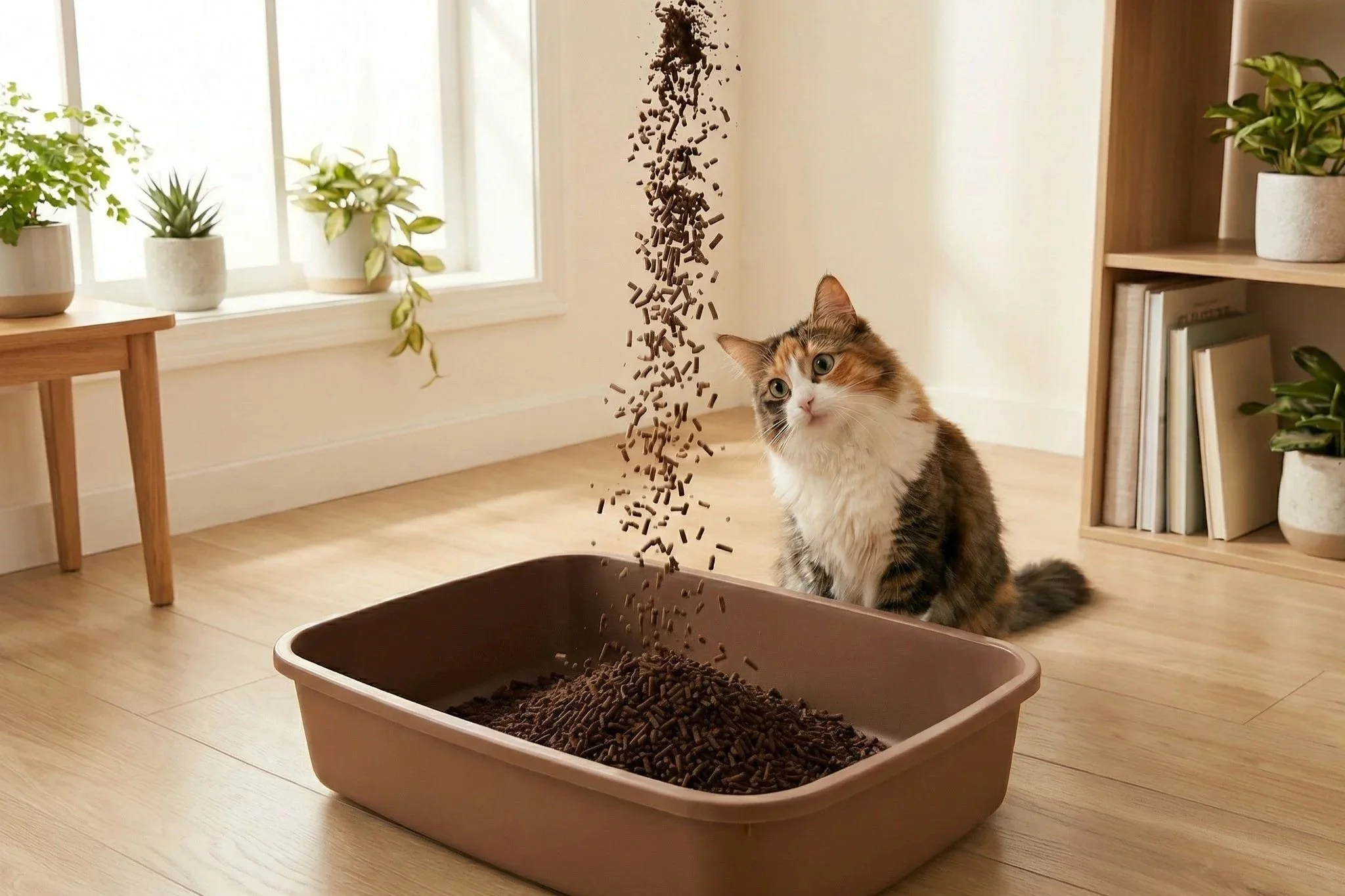 A multicolored cat sitting next to a large container of brown cat food, with some falling from above.