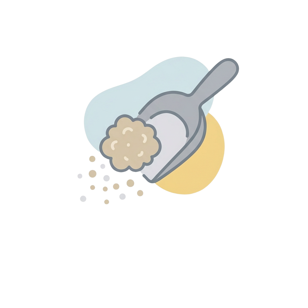 Illustration of a scoop of powdered substance being poured into a container with a yellow handle, possibly for cleaning or laundry.