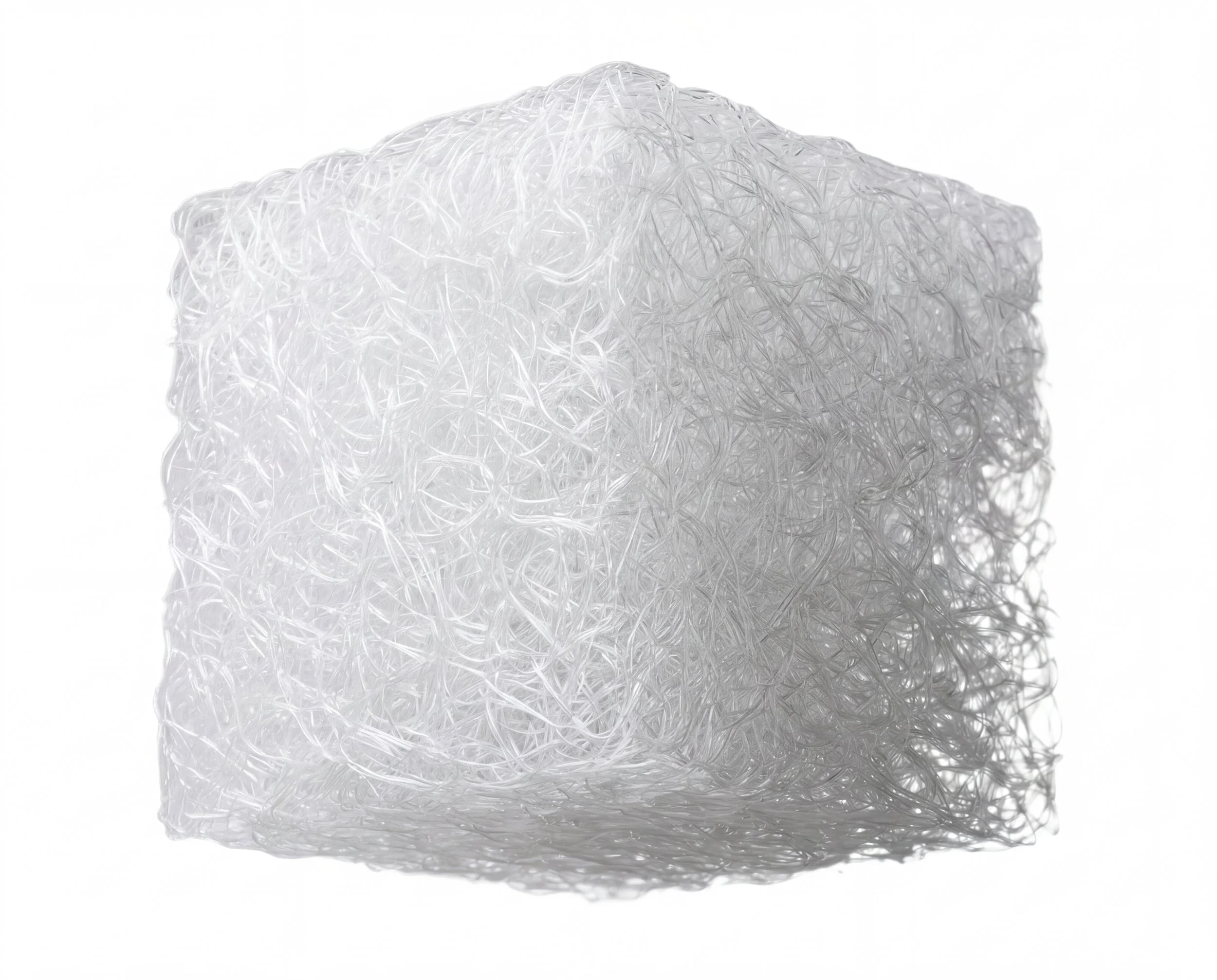 A white, tangled, mesh-like object on a white background.