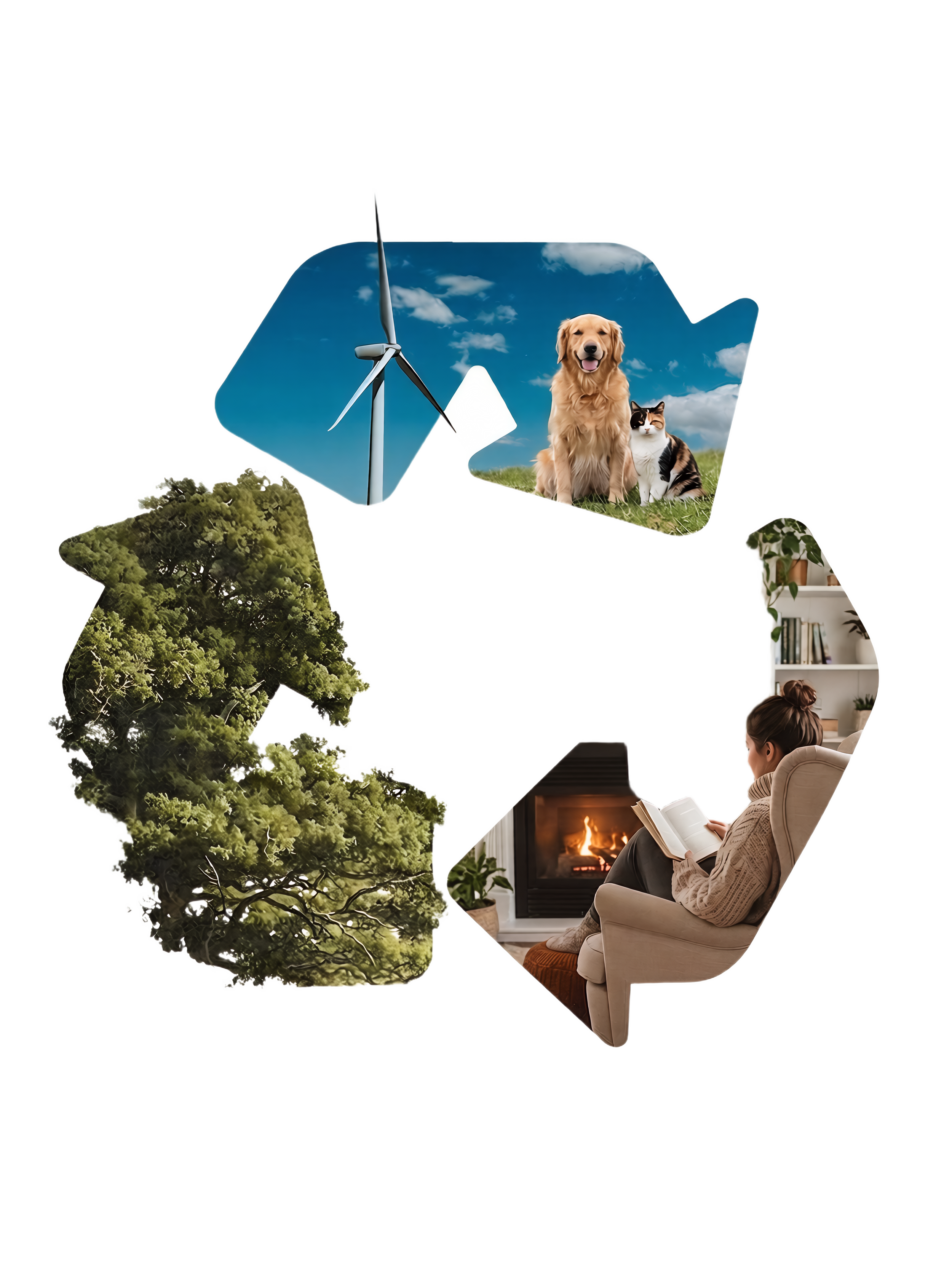 Composite of a wind turbine against the sky, a happy dog and cat outdoors, a lush green tree, a woman reading by a fireplace, and an indoor bookshelf.